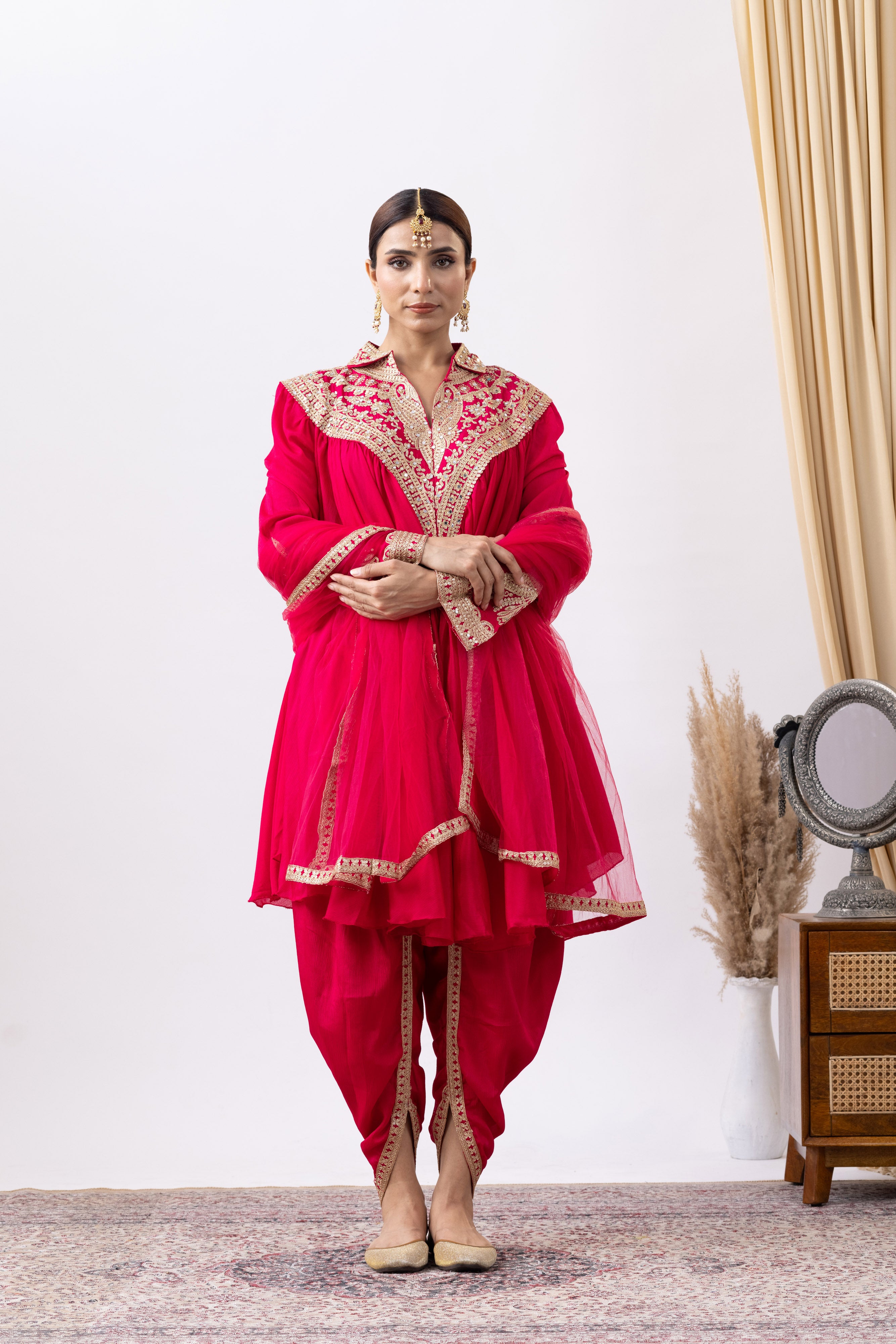 Magenta Pink Chinnon Zari Embroidered Tulip Style Dress