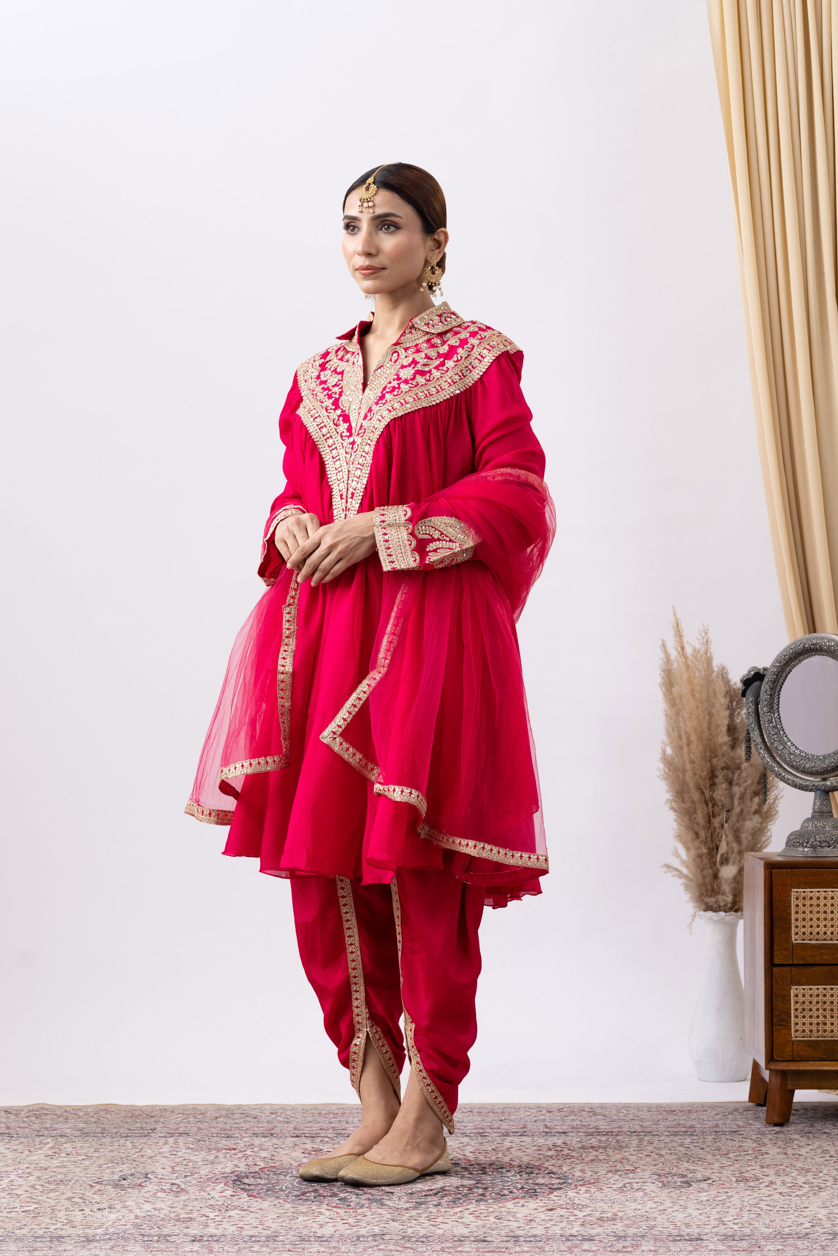 Magenta Pink Chinnon Zari Embroidered Tulip Style Dress