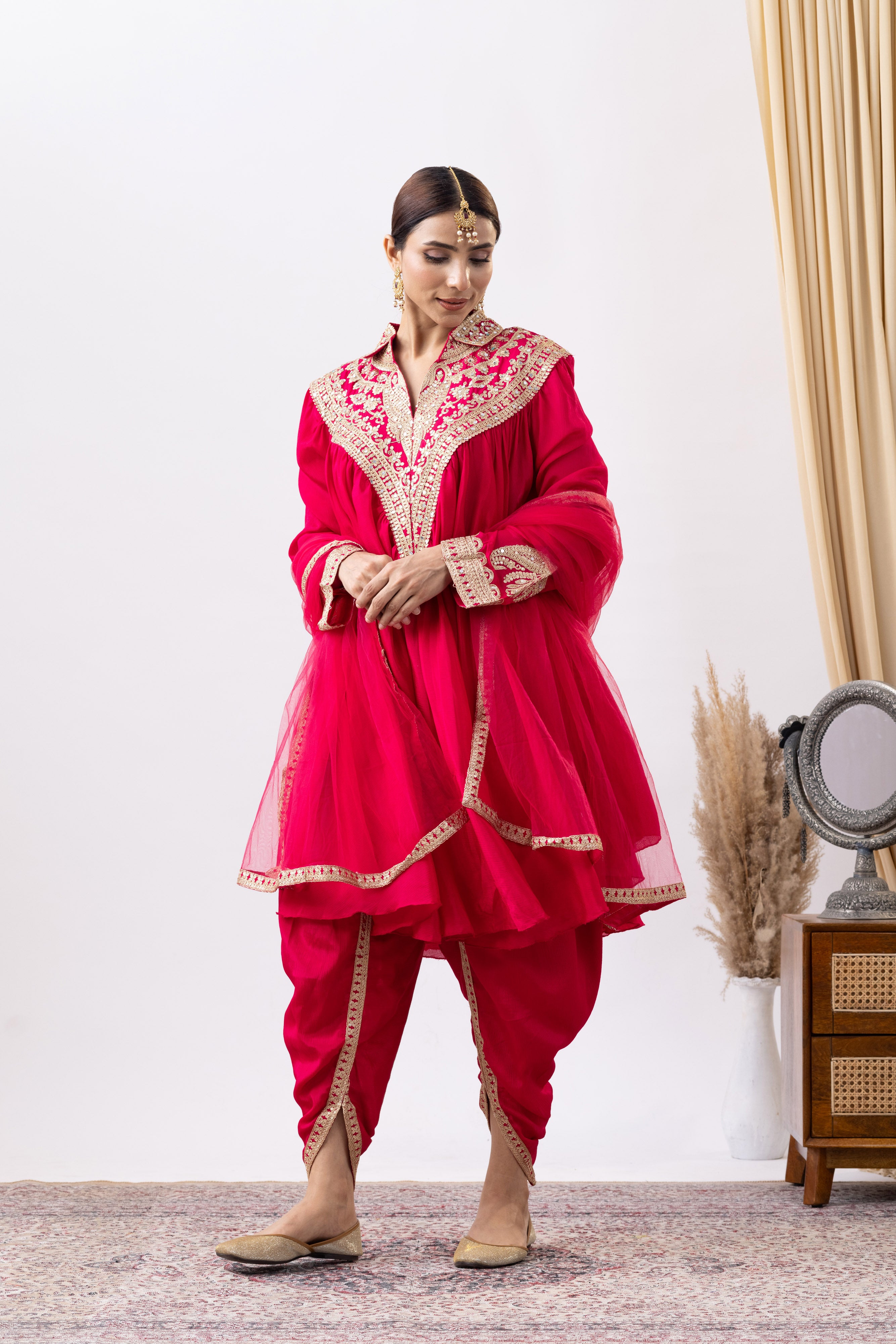 Magenta Pink Chinnon Zari Embroidered Tulip Style Dress
