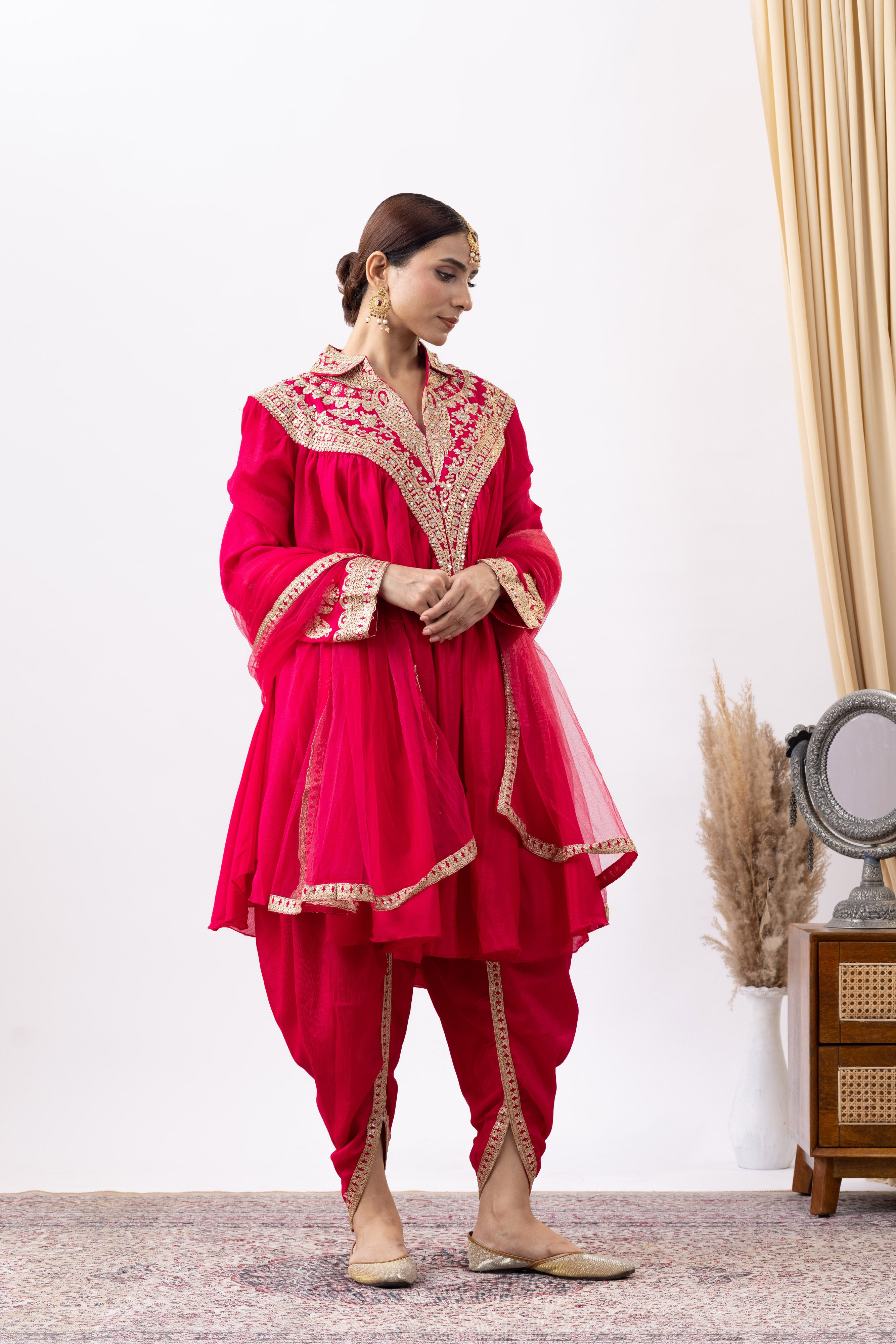 Magenta Pink Chinnon Zari Embroidered Tulip Style Dress