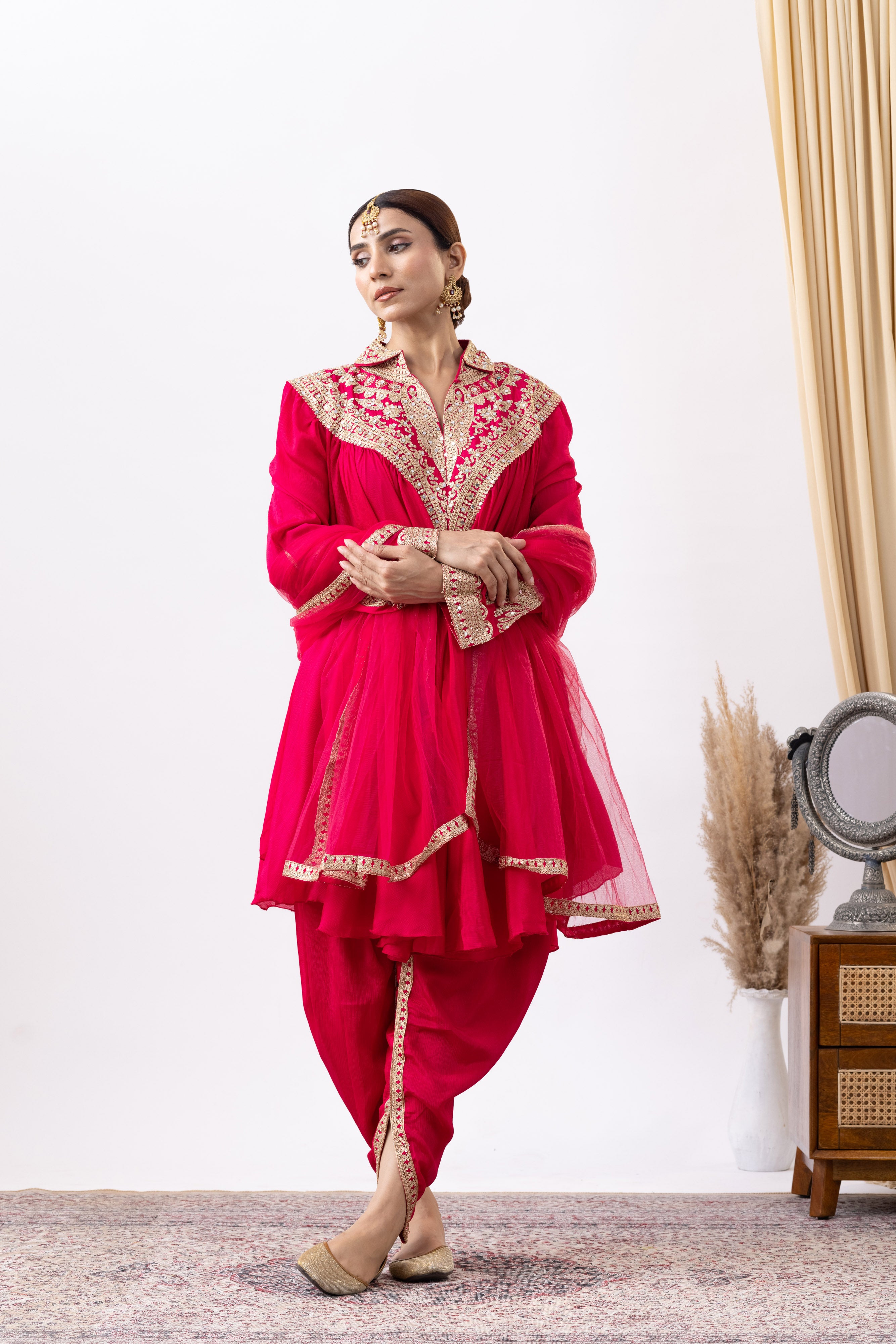 Magenta Pink Chinnon Zari Embroidered Tulip Style Dress