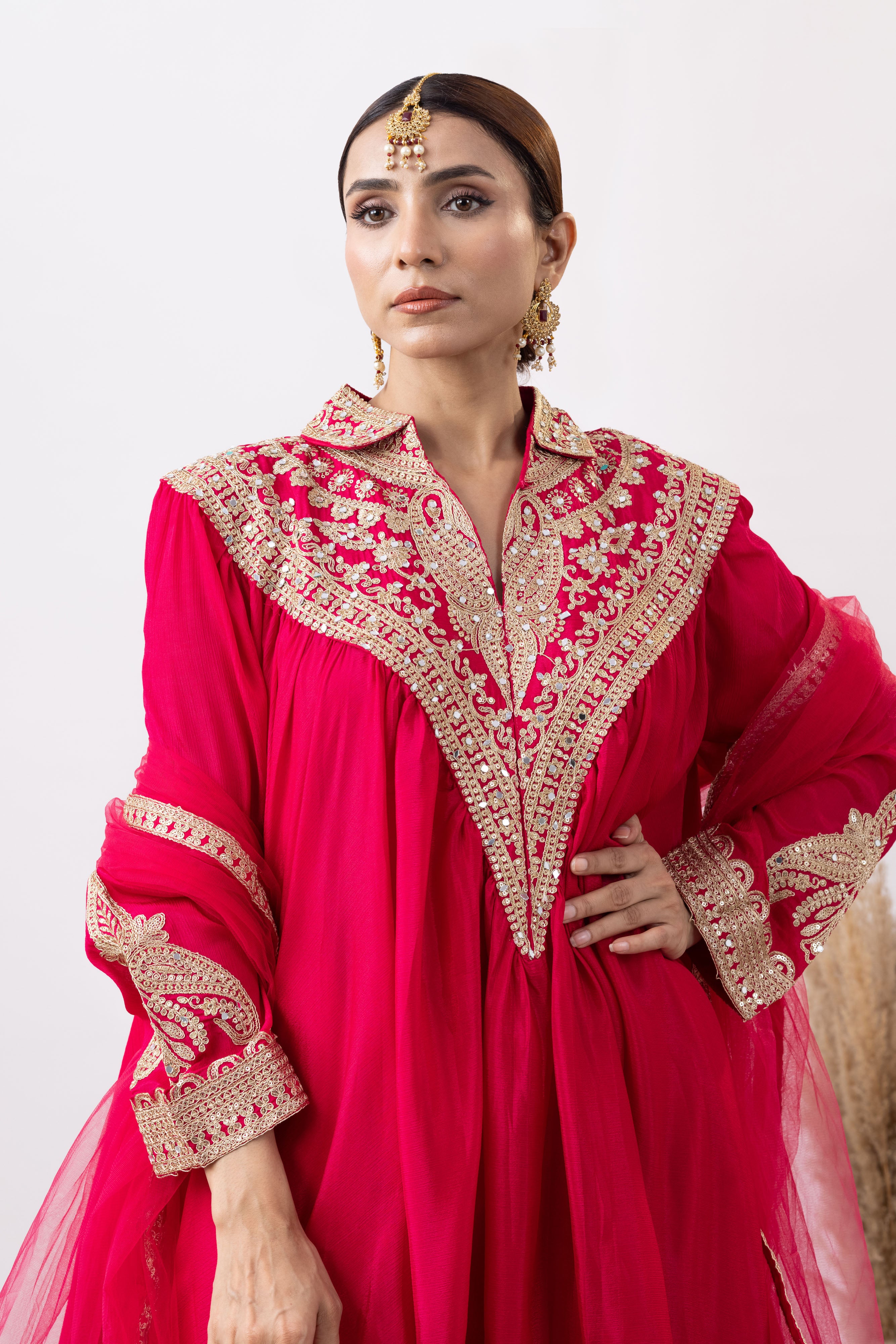 Magenta Pink Chinnon Zari Embroidered Tulip Style Dress