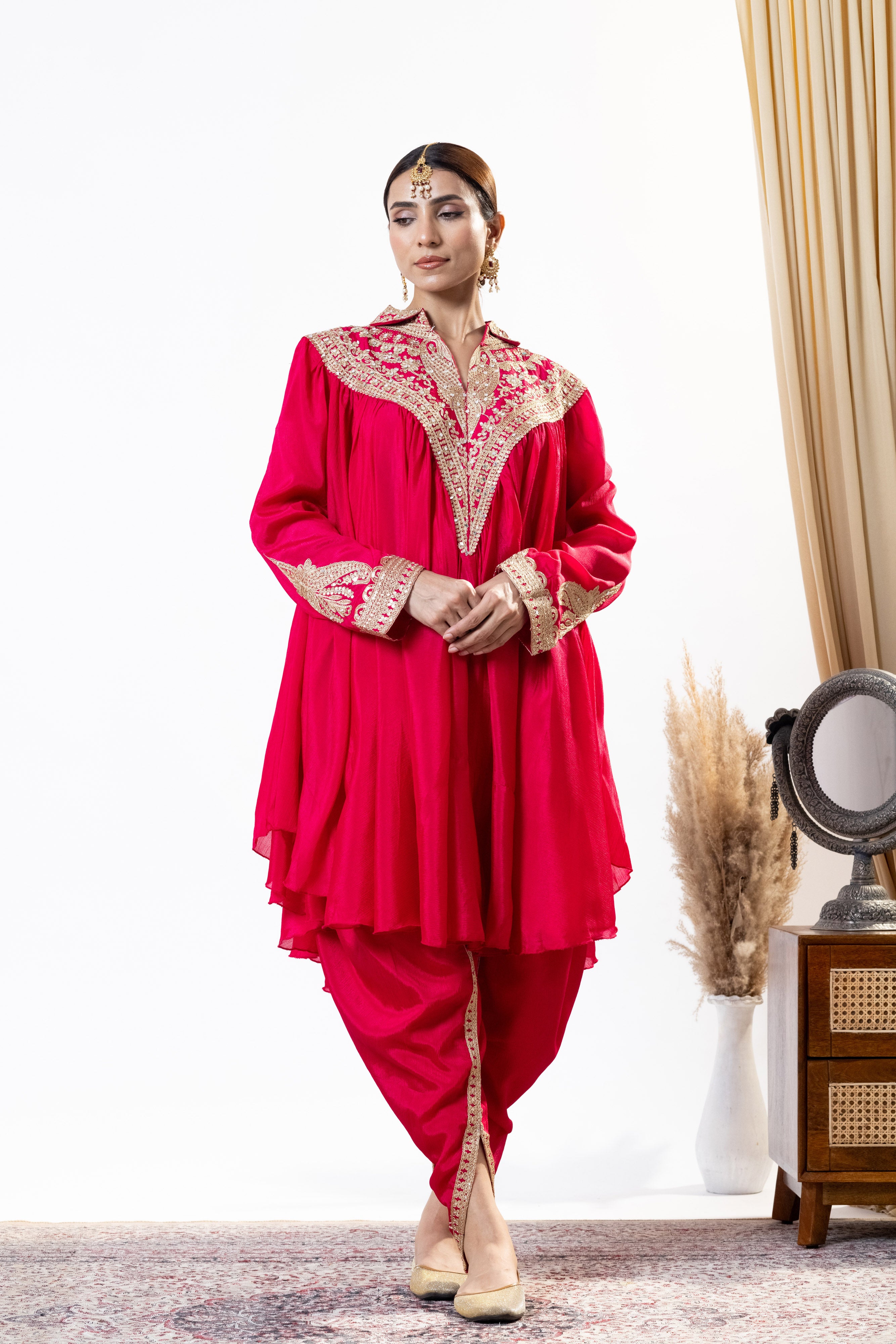 Magenta Pink Chinnon Zari Embroidered Tulip Style Dress