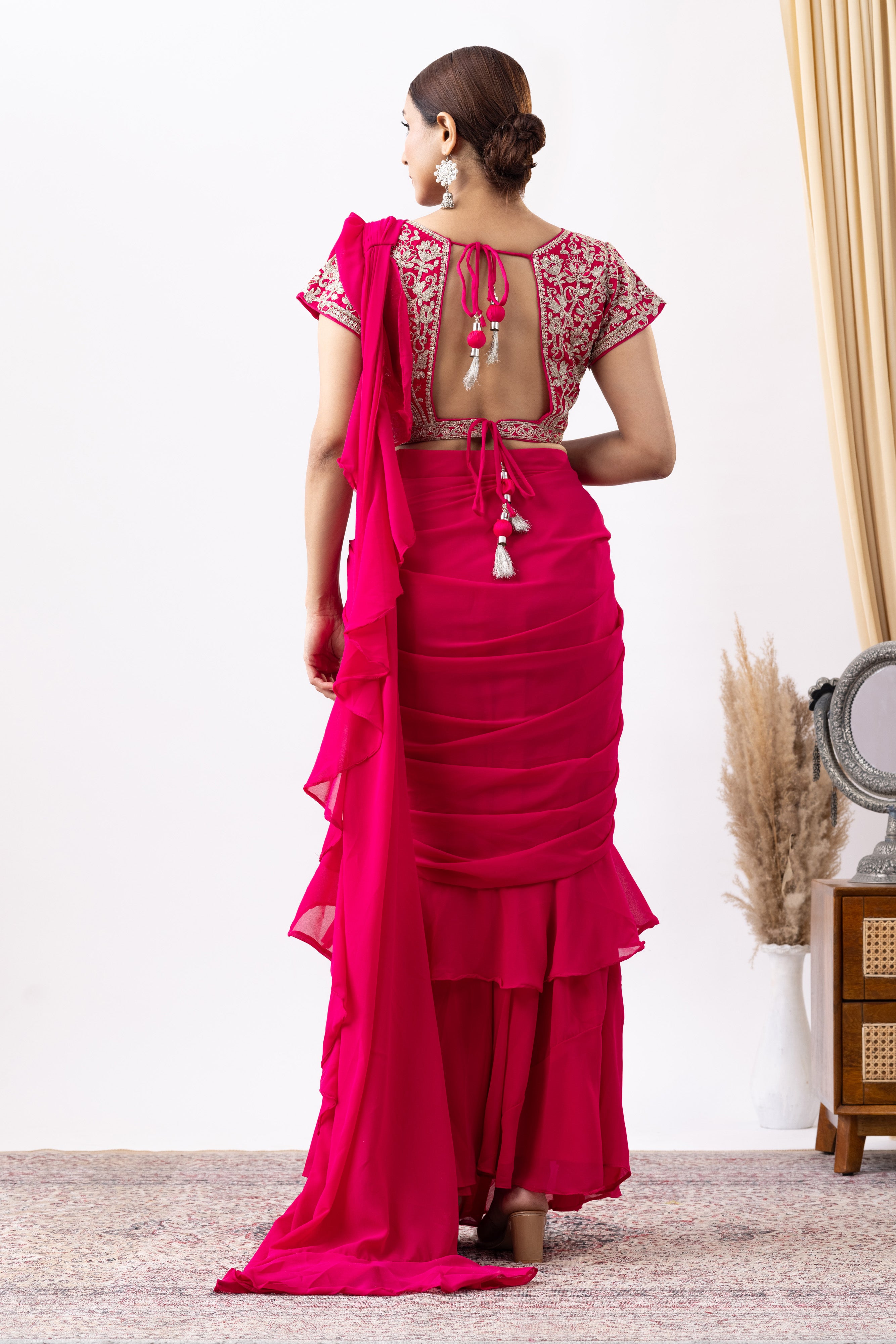 Magenta Pink Georgette Zari Embroidered Pre draped Ruffle Saree