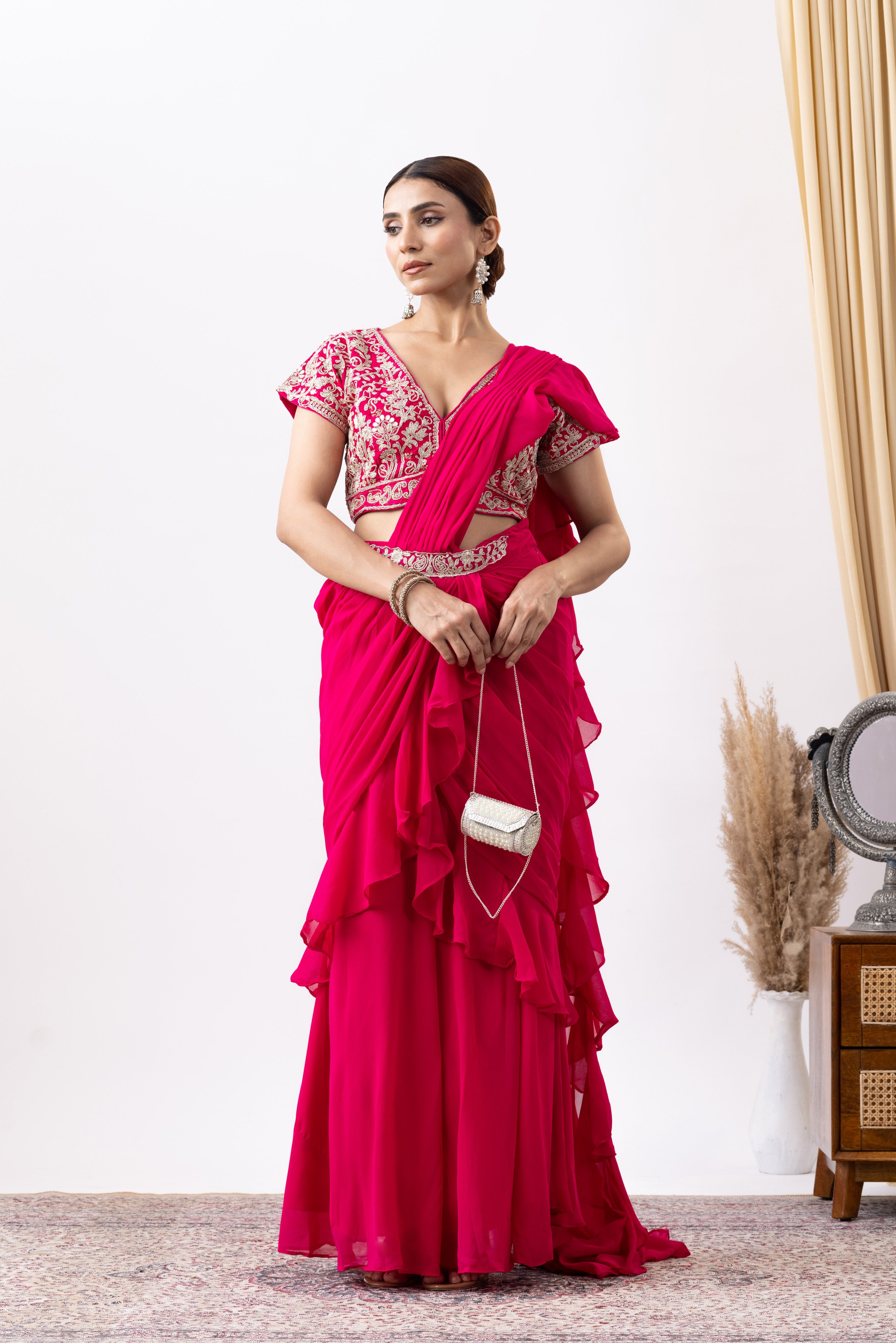 Magenta Pink Georgette Zari Embroidered Pre draped Ruffle Saree