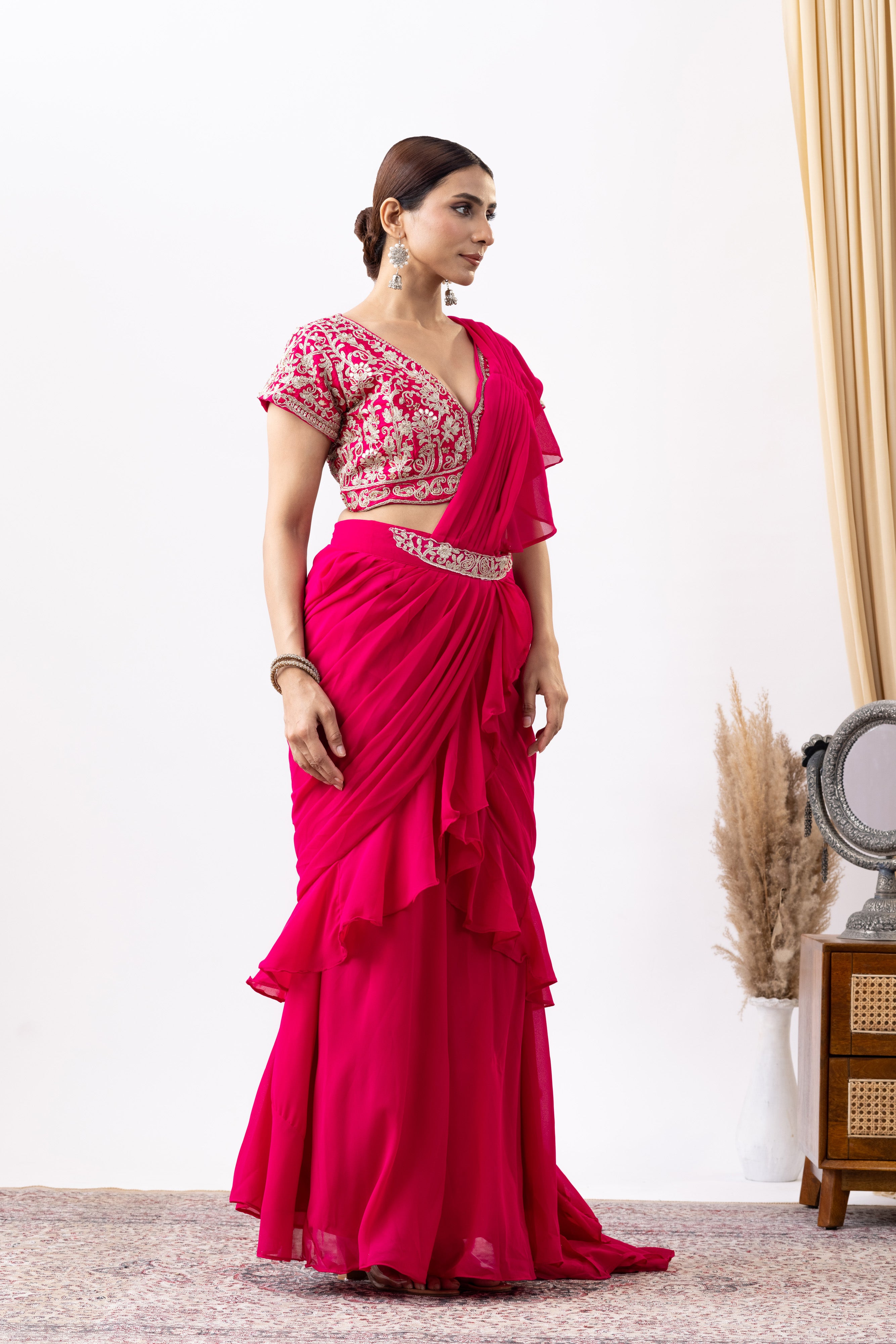 Magenta Pink Georgette Zari Embroidered Pre draped Ruffle Saree