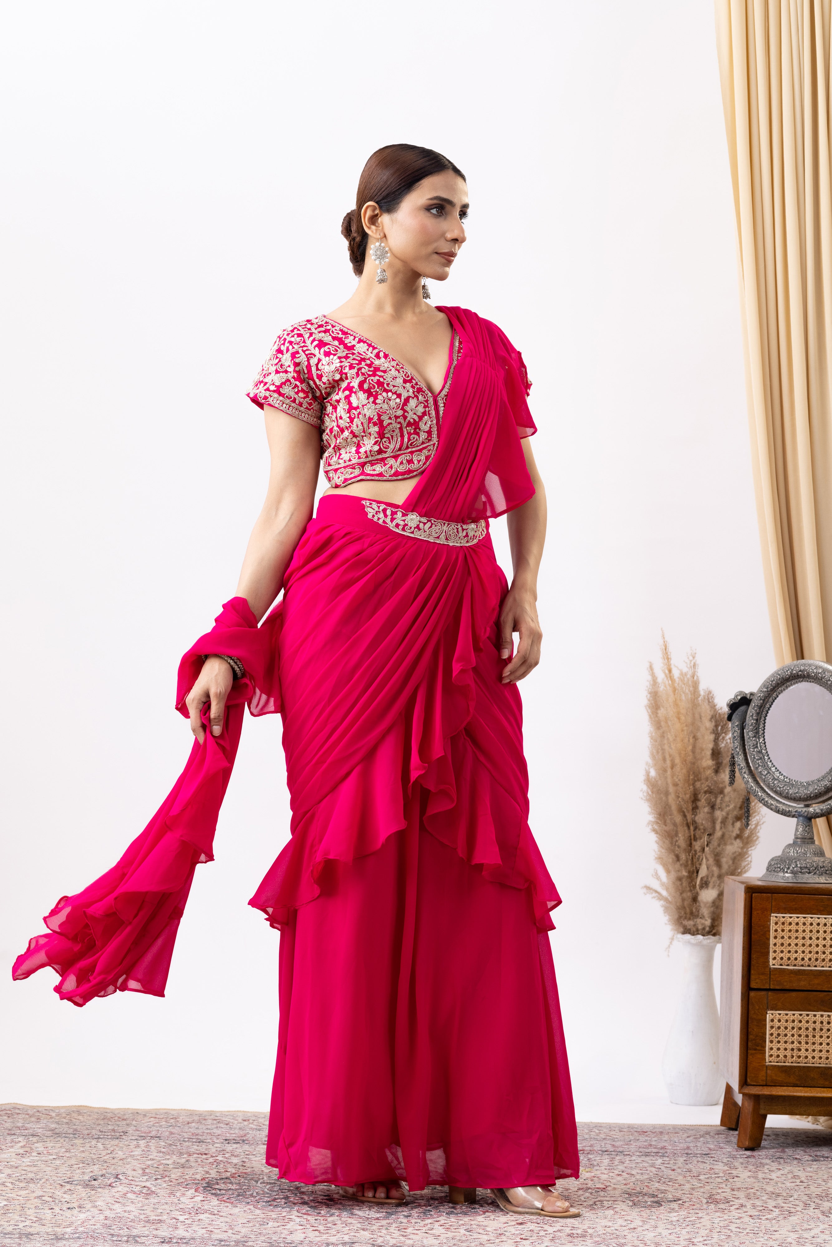 Magenta Pink Georgette Zari Embroidered Pre draped Ruffle Saree