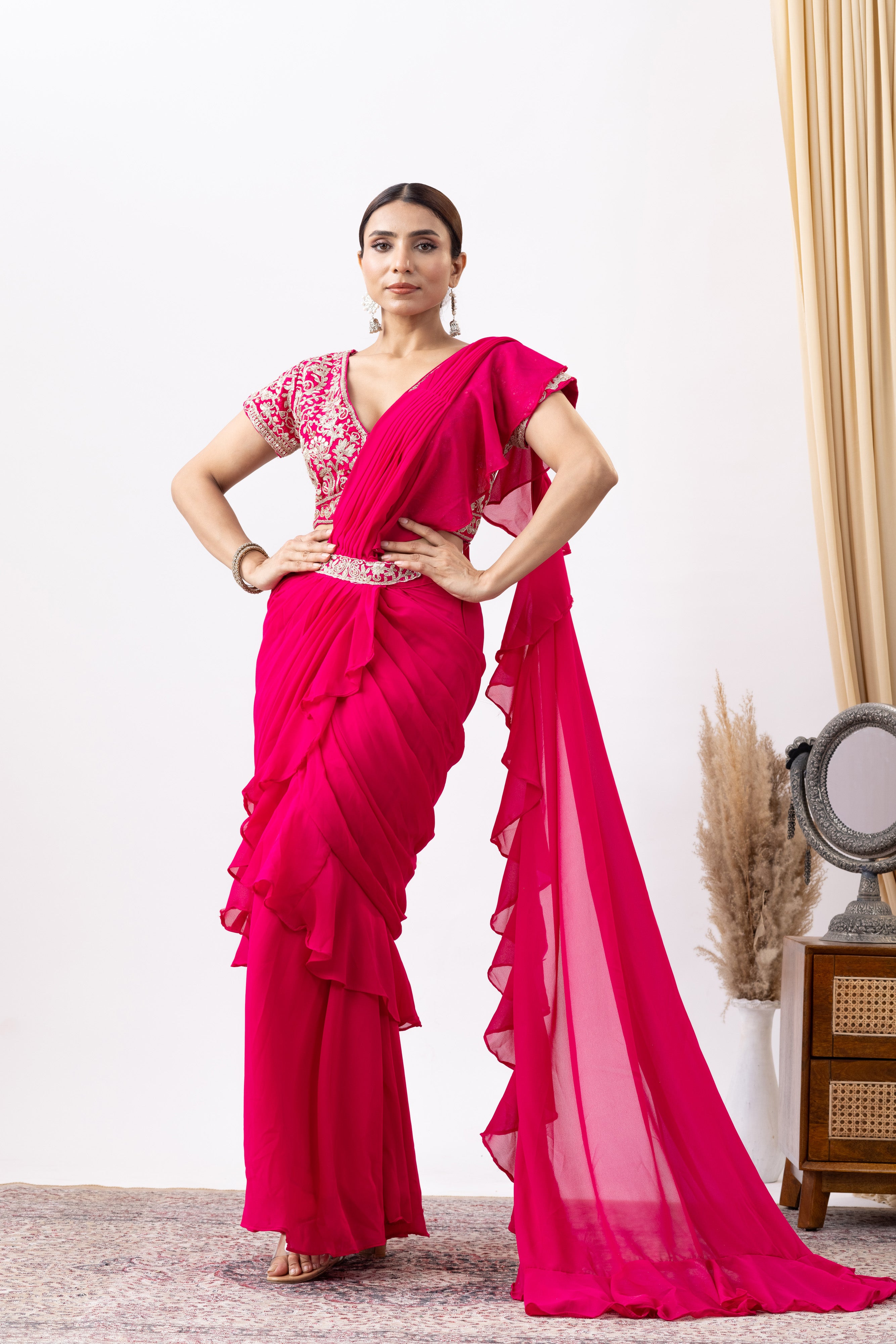 Magenta Pink Georgette Zari Embroidered Pre draped Ruffle Saree