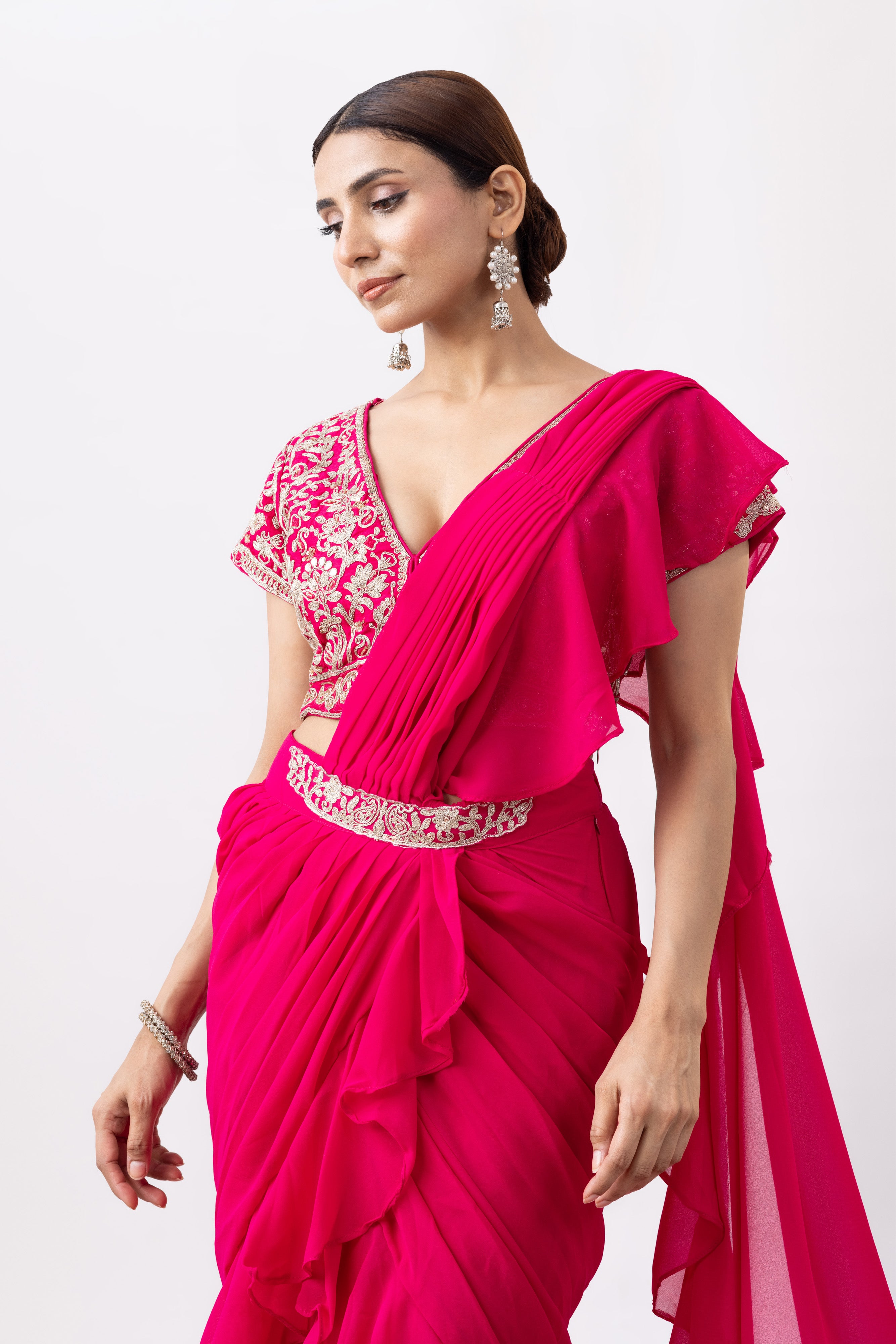Magenta Pink Georgette Zari Embroidered Pre draped Ruffle Saree