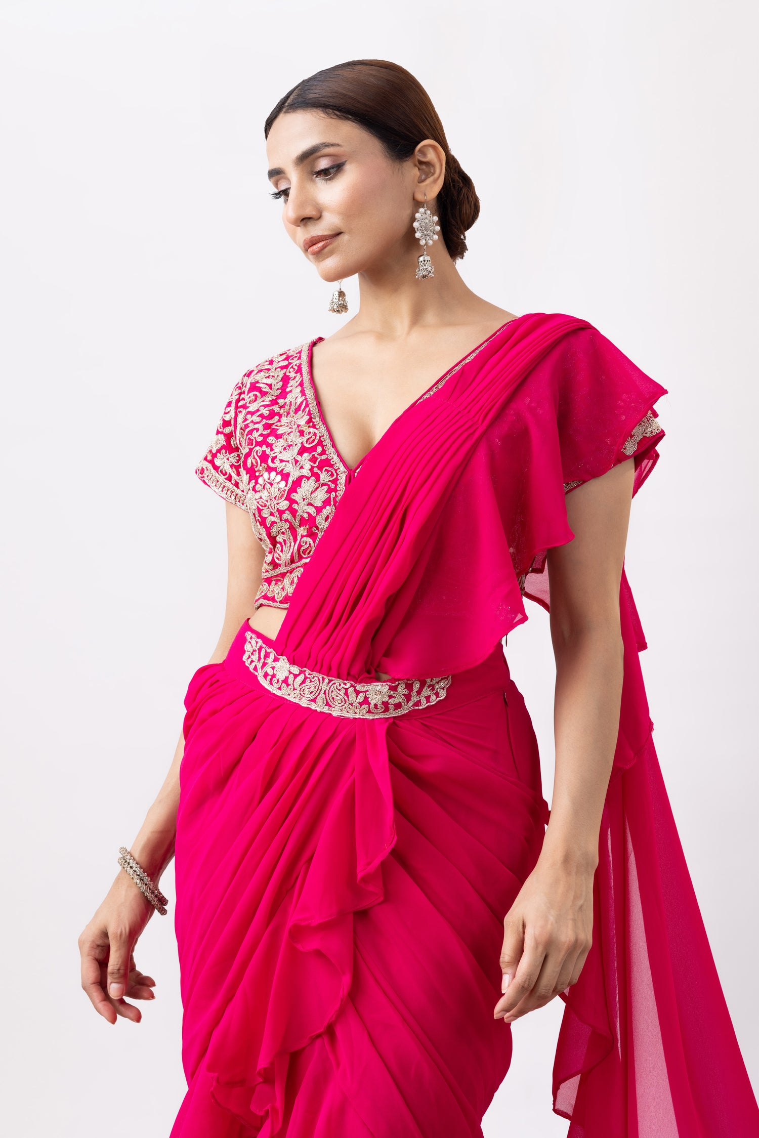 Magenta Pink Georgette Zari Embroidered Pre draped Ruffle Saree