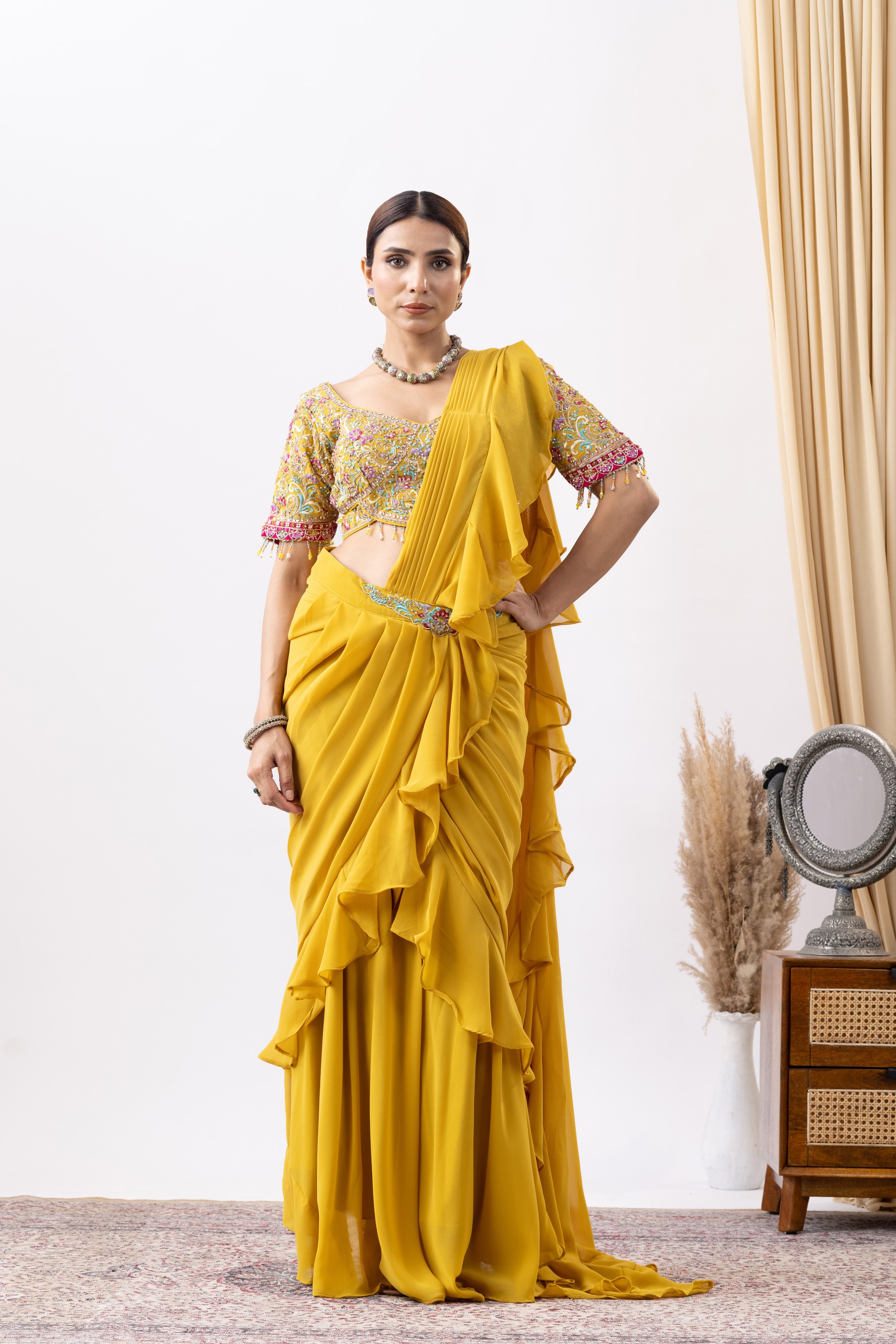 Yellow Bloom Ready -To- Wear Ruffle Saree