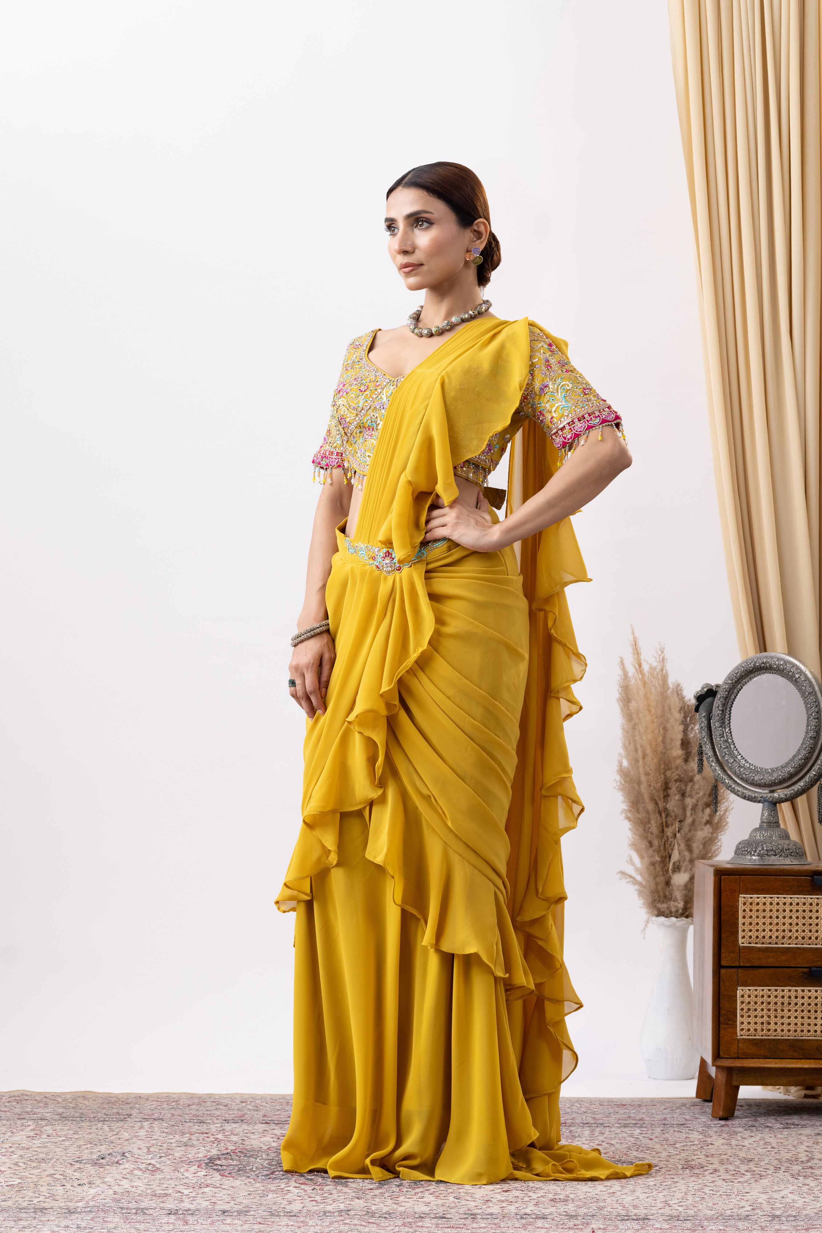 Yellow Bloom Ready -To- Wear Ruffle Saree