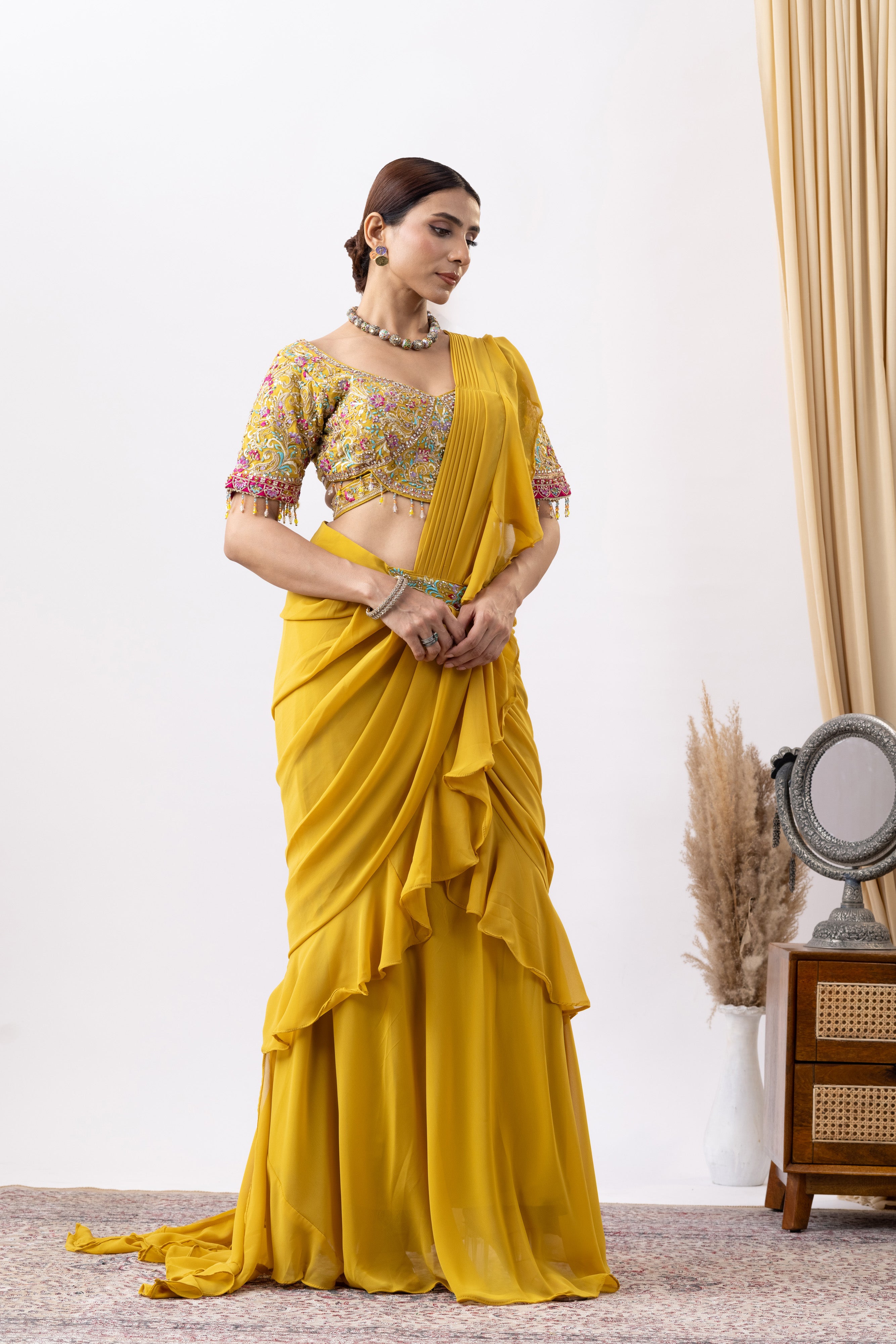 Yellow Bloom Ready -To- Wear Ruffle Saree