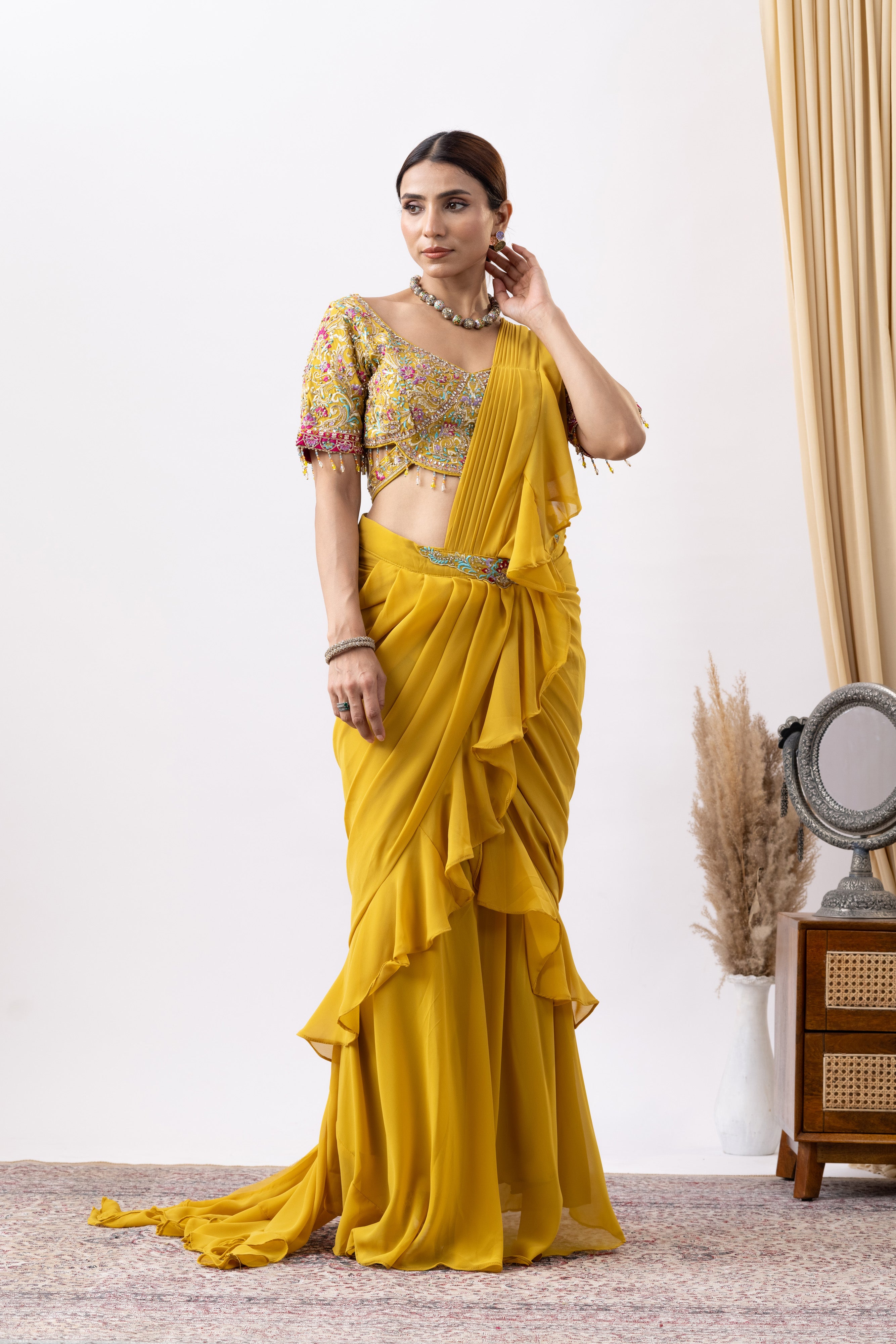 Yellow Bloom Ready -To- Wear Ruffle Saree
