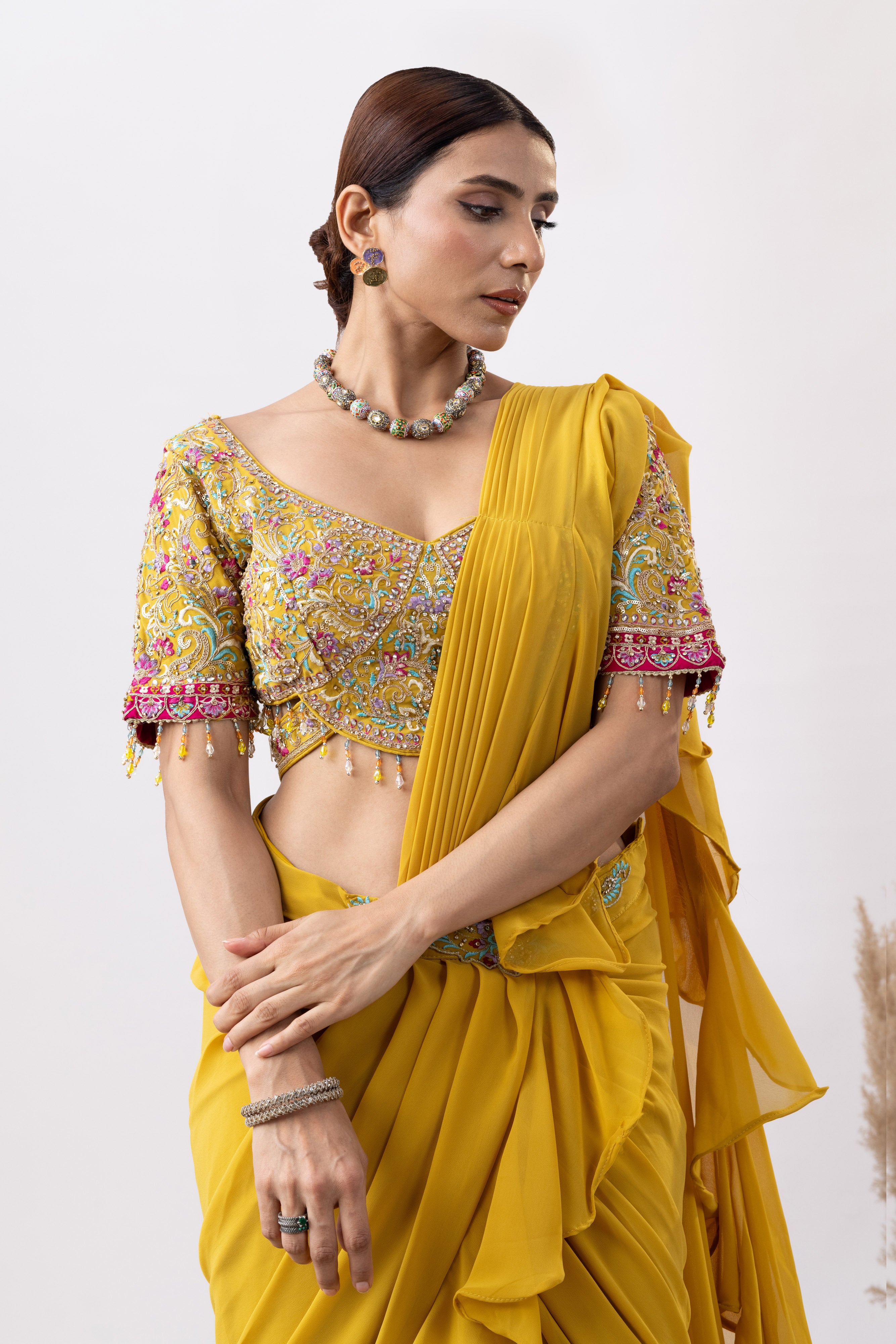 Yellow Bloom Ready -To- Wear Ruffle Saree