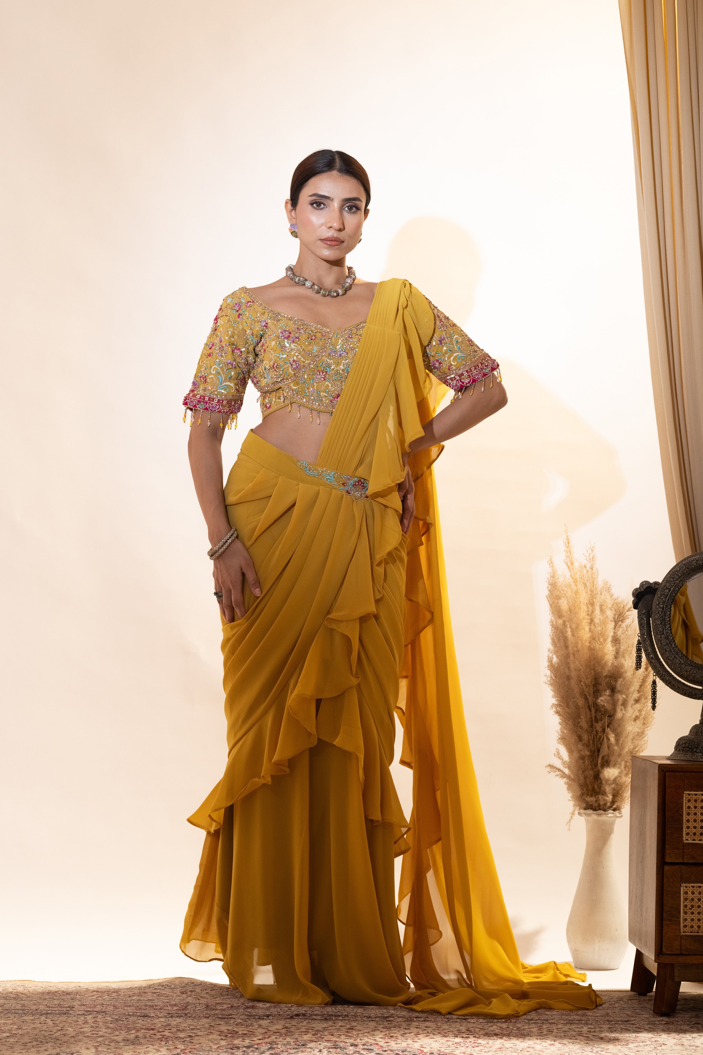 Yellow Bloom Ready -To- Wear Ruffle Saree