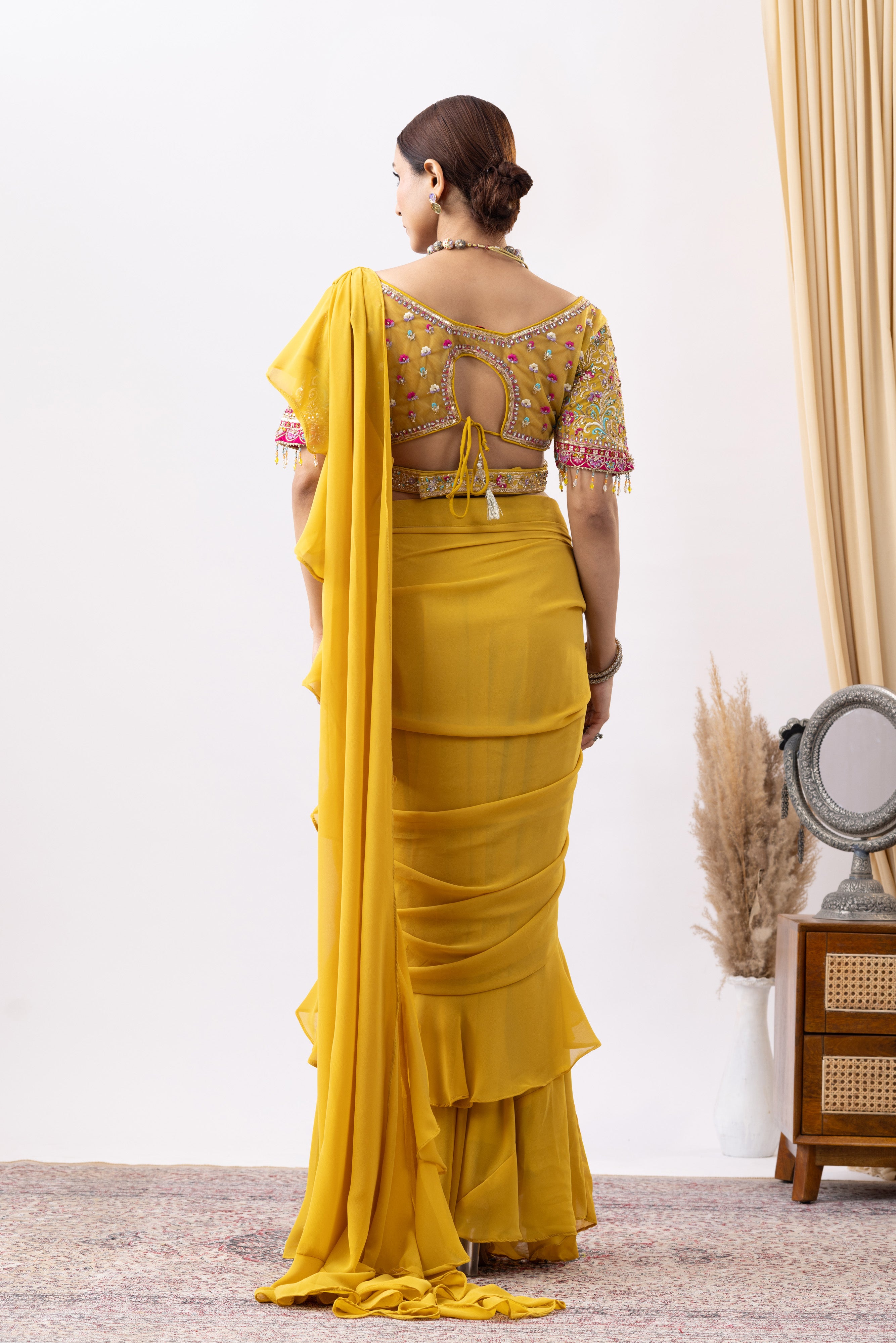Yellow Bloom Ready -To- Wear Ruffle Saree