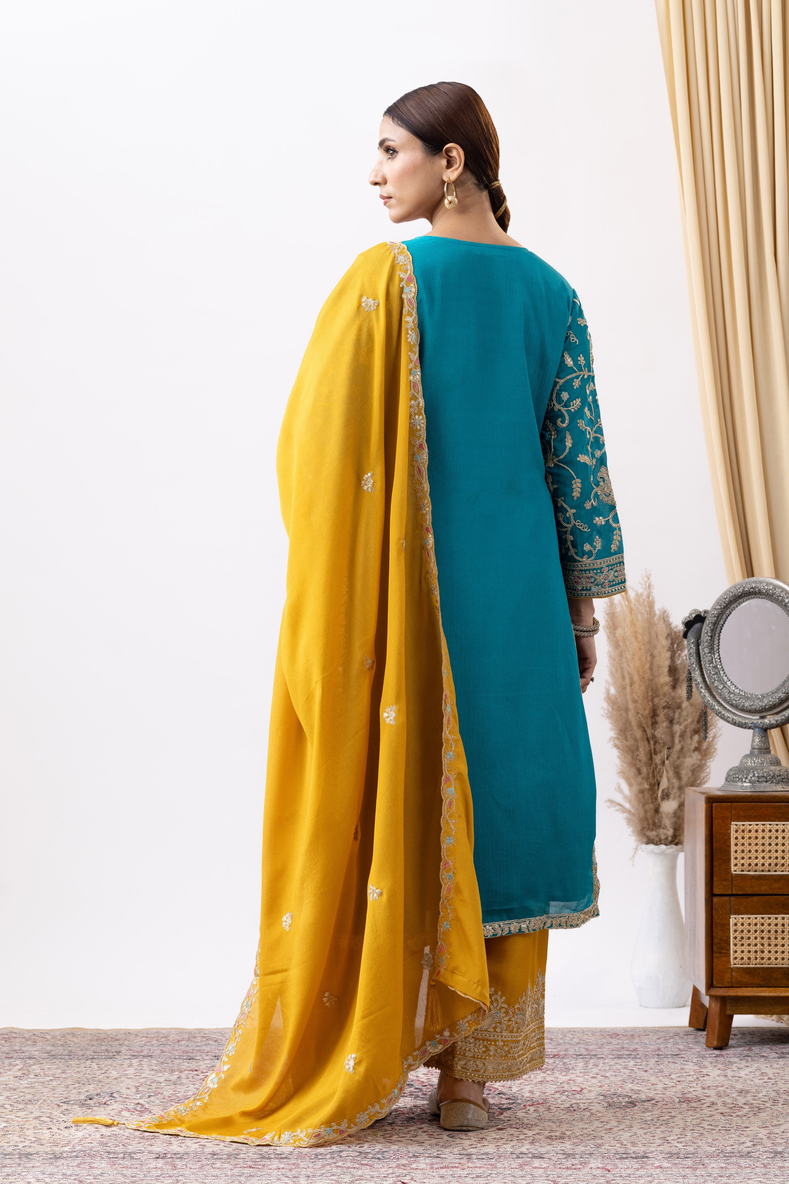 Turquoise Embroidered Chinon Palazzo Set