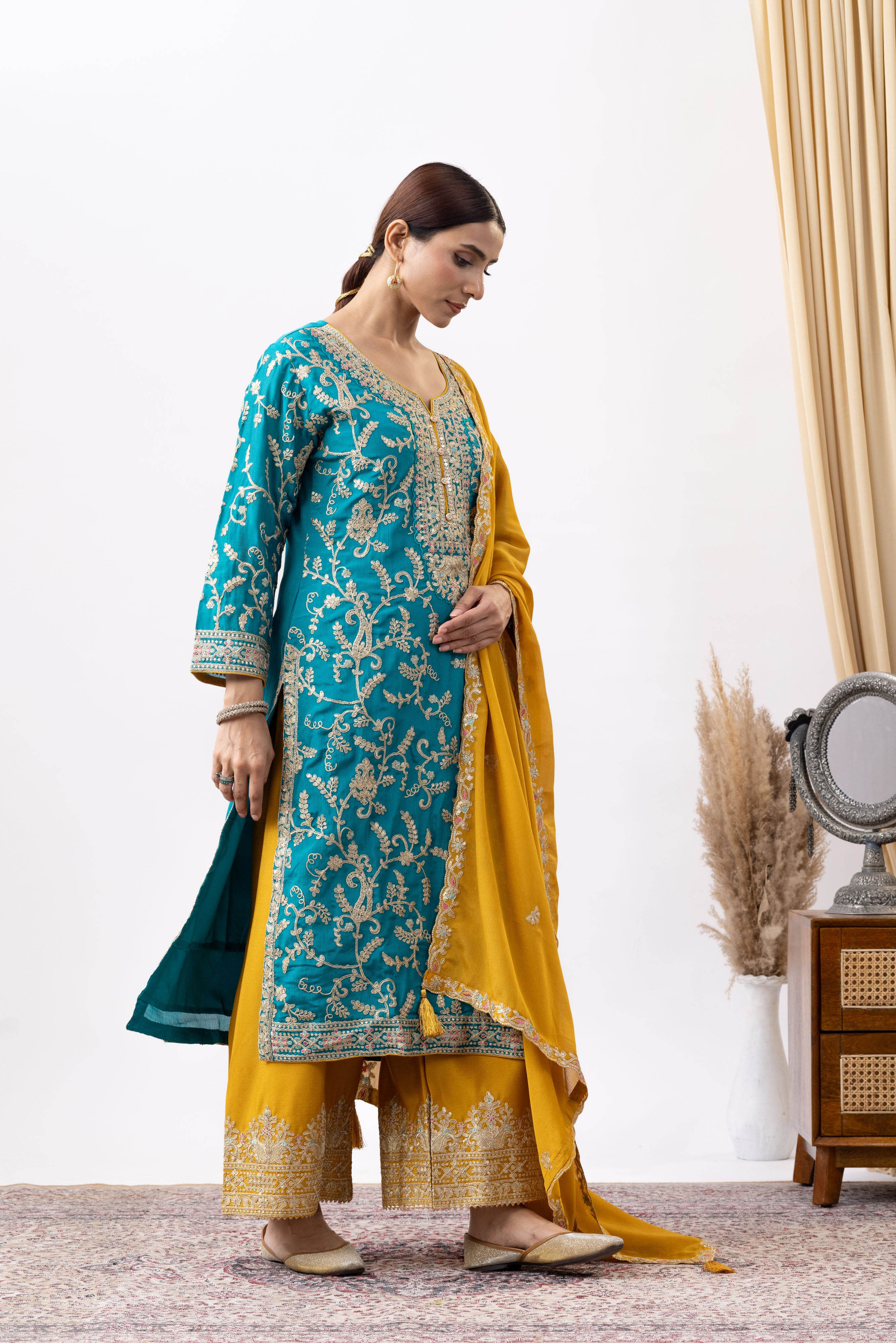 Turquoise Embroidered Chinon Palazzo Set