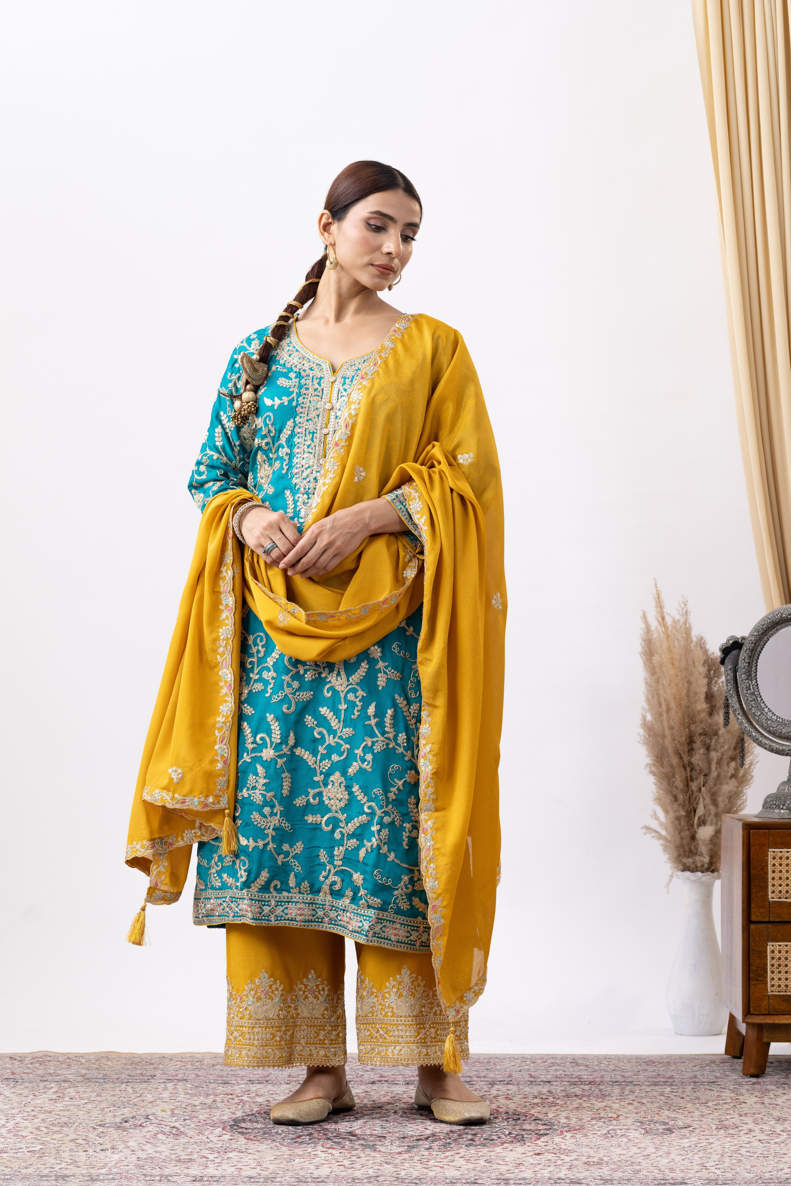 Turquoise Embroidered Chinon Palazzo Set