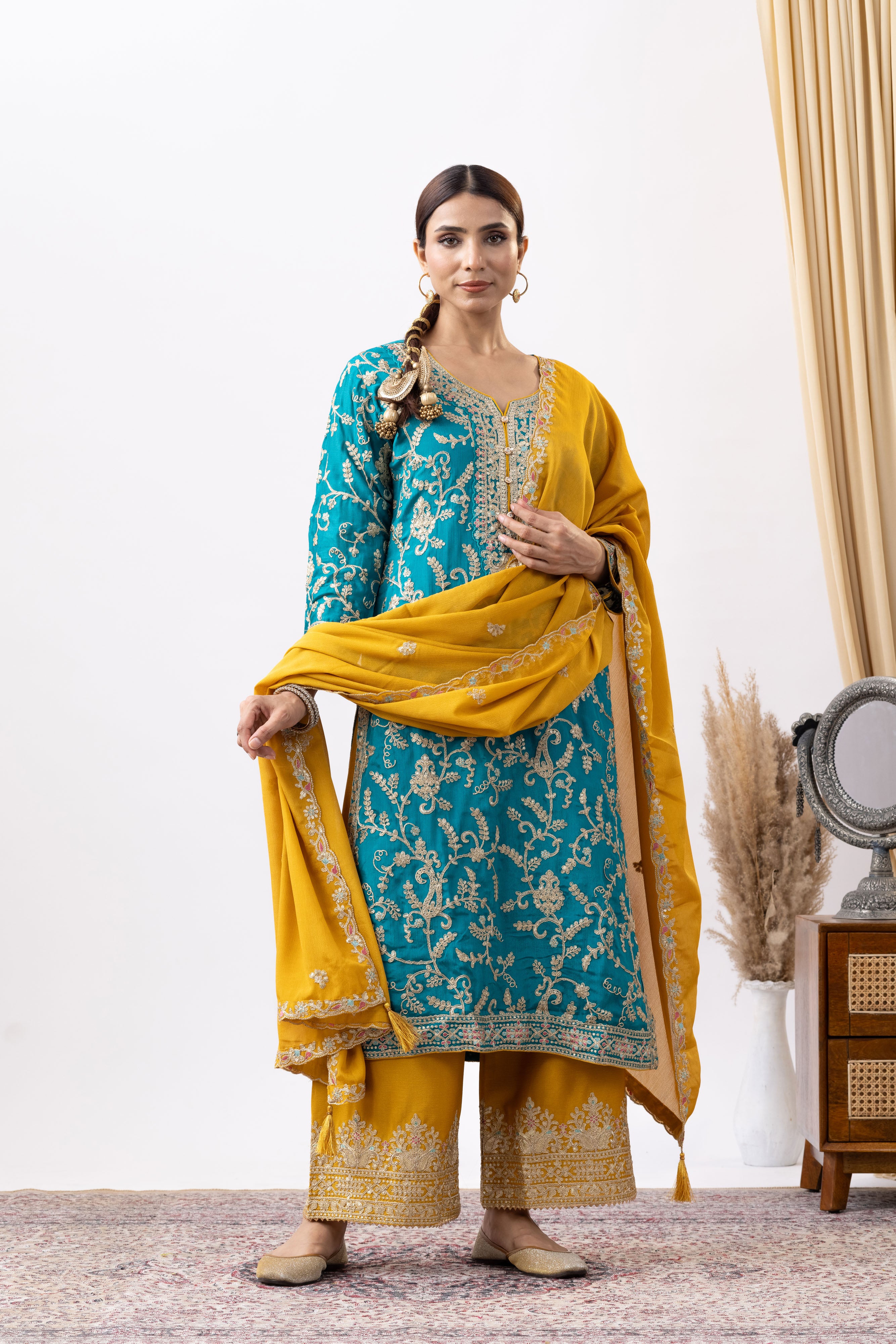 Turquoise Embroidered Chinon Palazzo Set