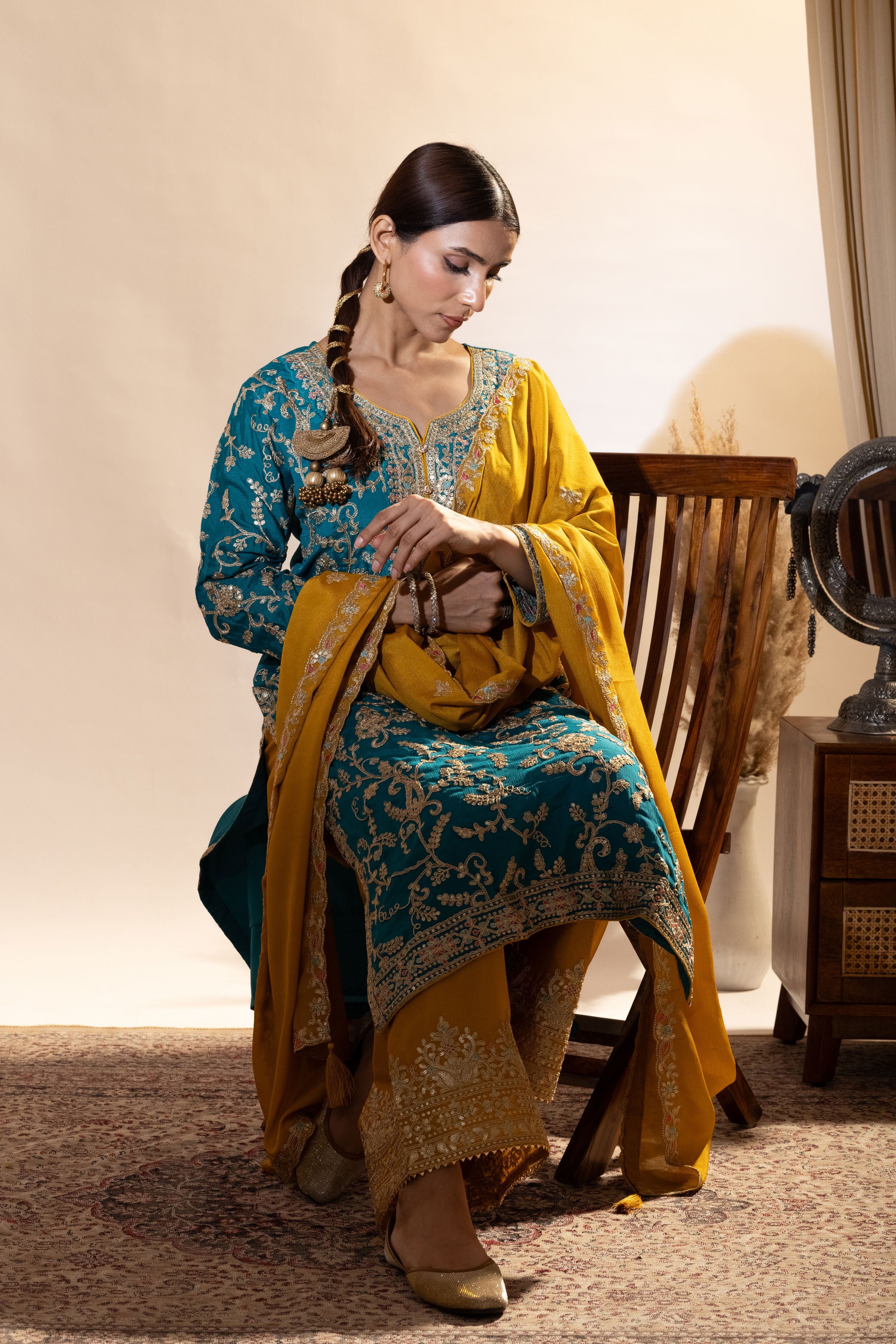 Turquoise Embroidered Chinon Palazzo Set