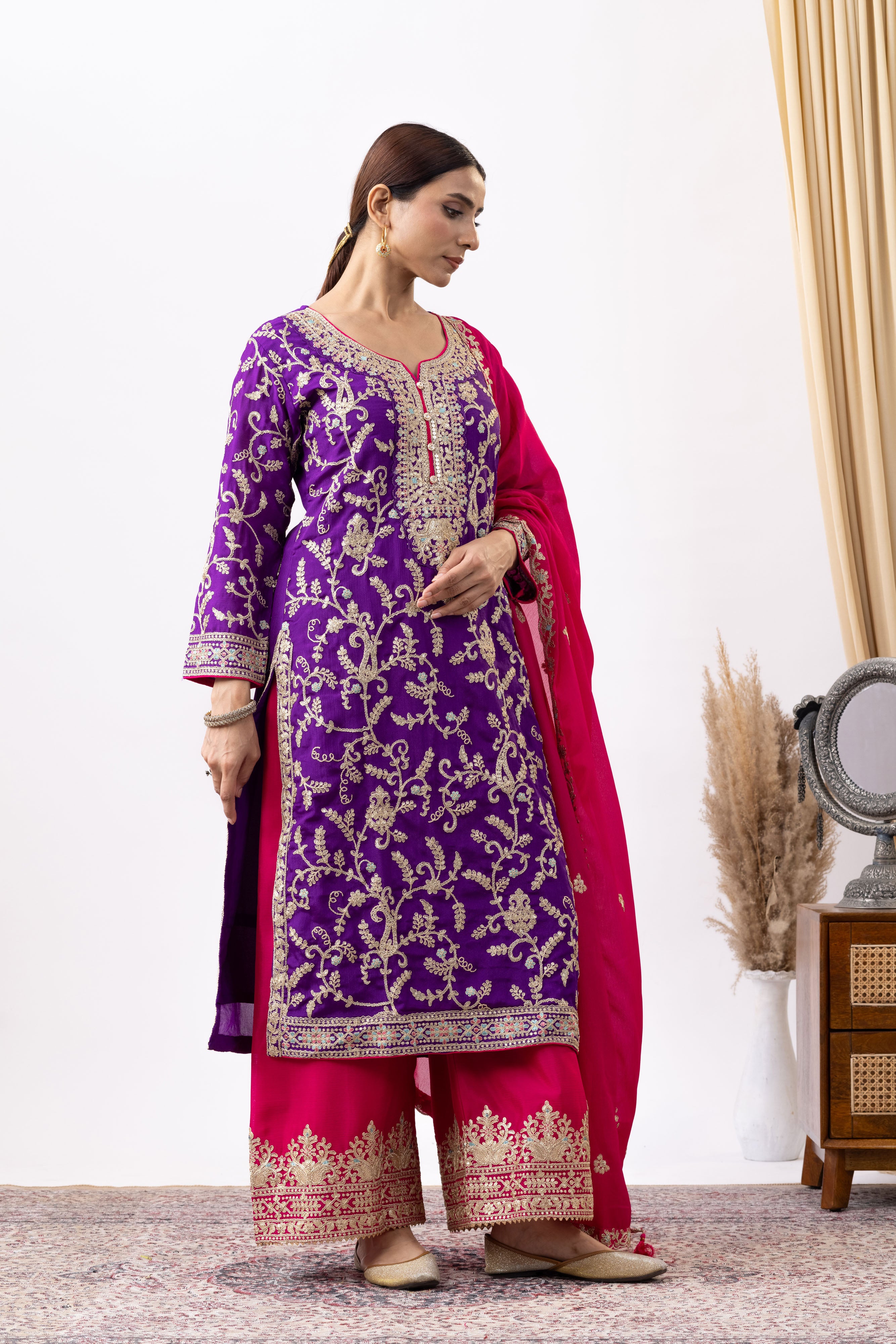 Purple Embroidered Chinon Palazzo Set