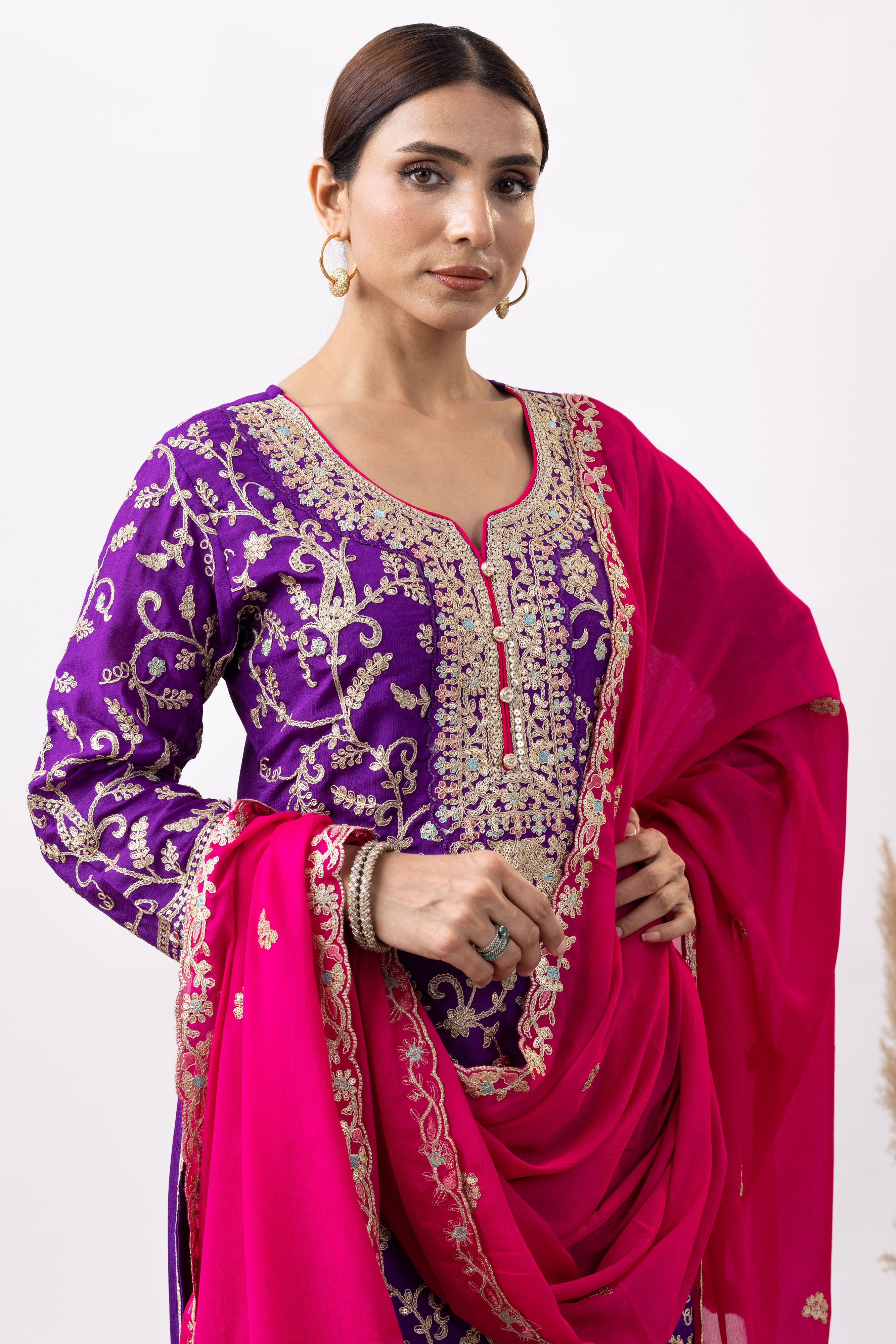 Purple Embroidered Chinon Palazzo Set
