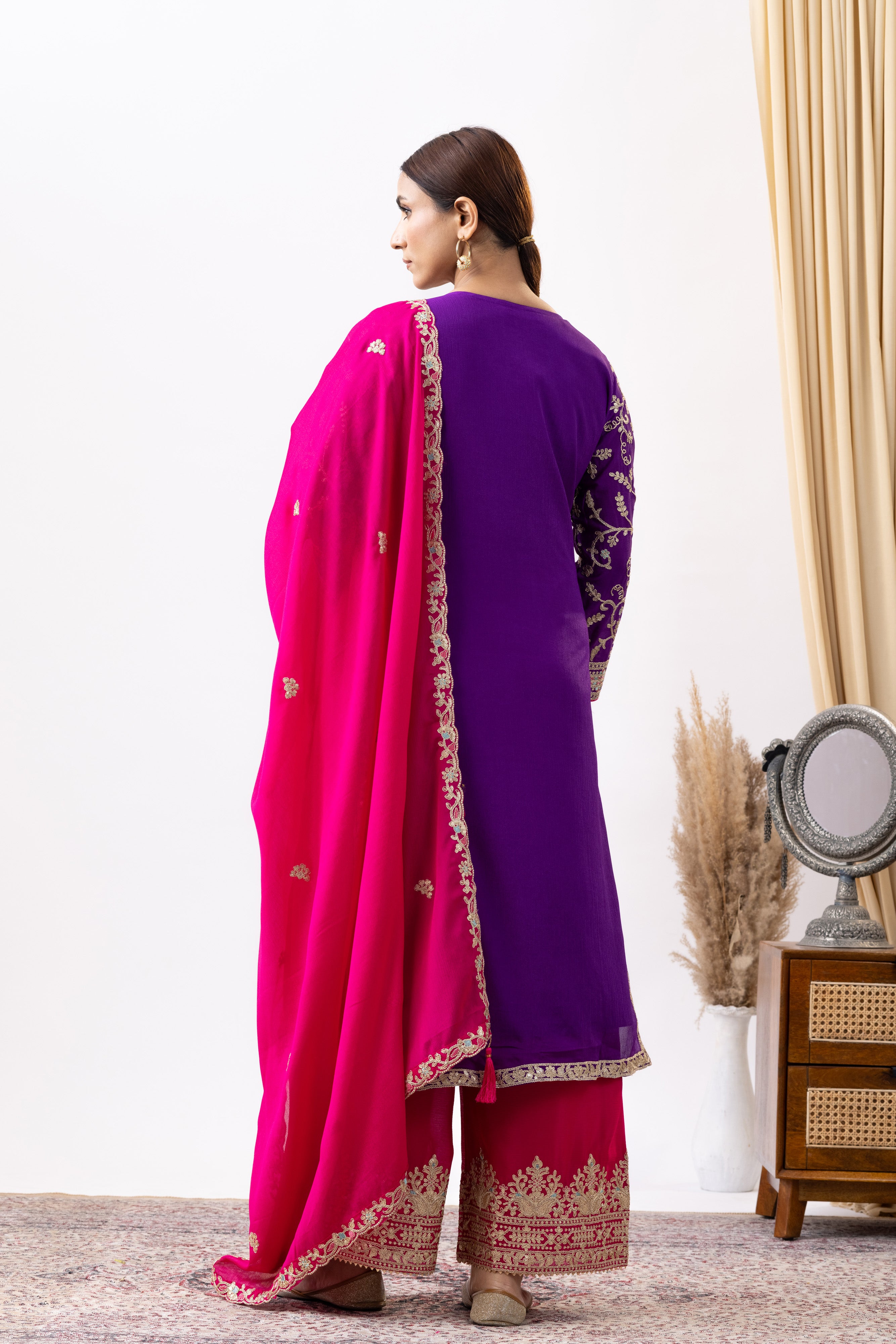 Purple Embroidered Chinon Palazzo Set