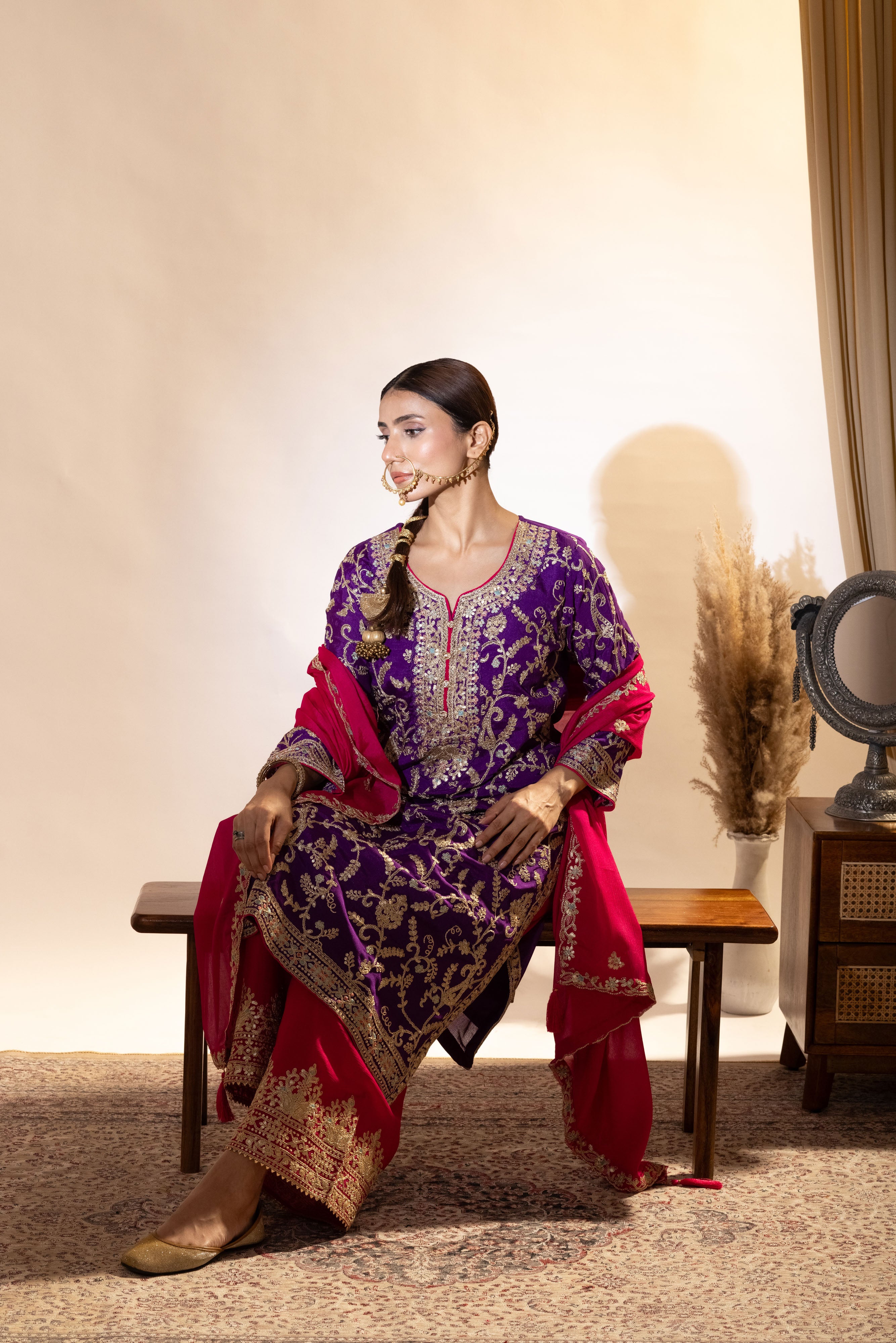 Purple Embroidered Chinon Palazzo Set