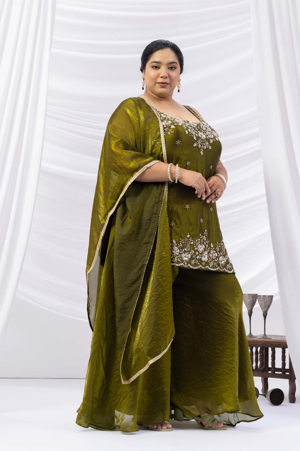Deep Olive Green Embroidered Kurta Palazzo Set