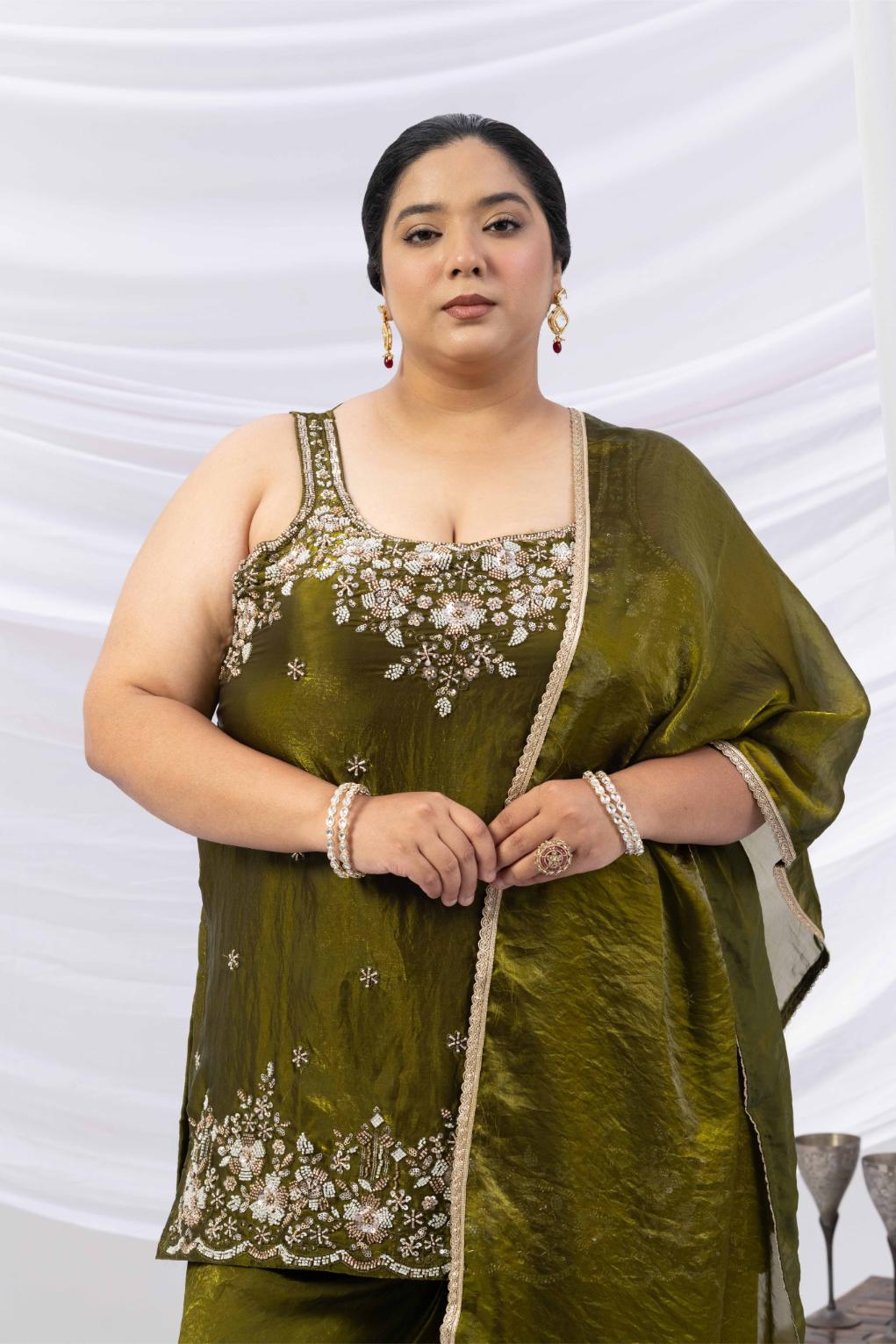Deep Olive Green Embroidered Kurta Palazzo Set