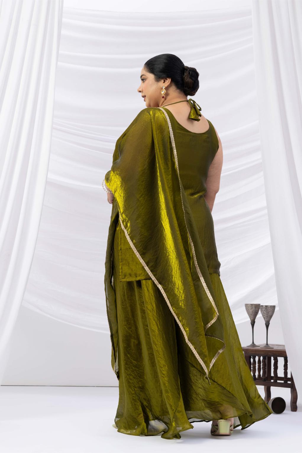 Deep Olive Green Embroidered Kurta Palazzo Set