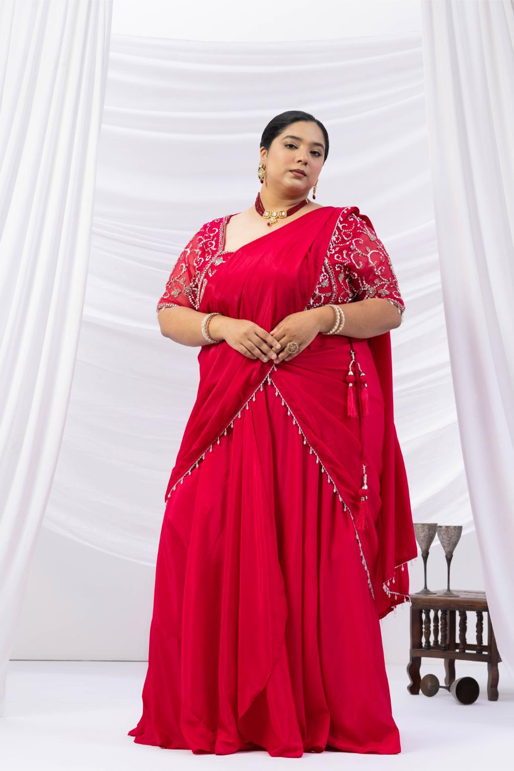 Magenta Pink Moti Work Pre-Drape Saree