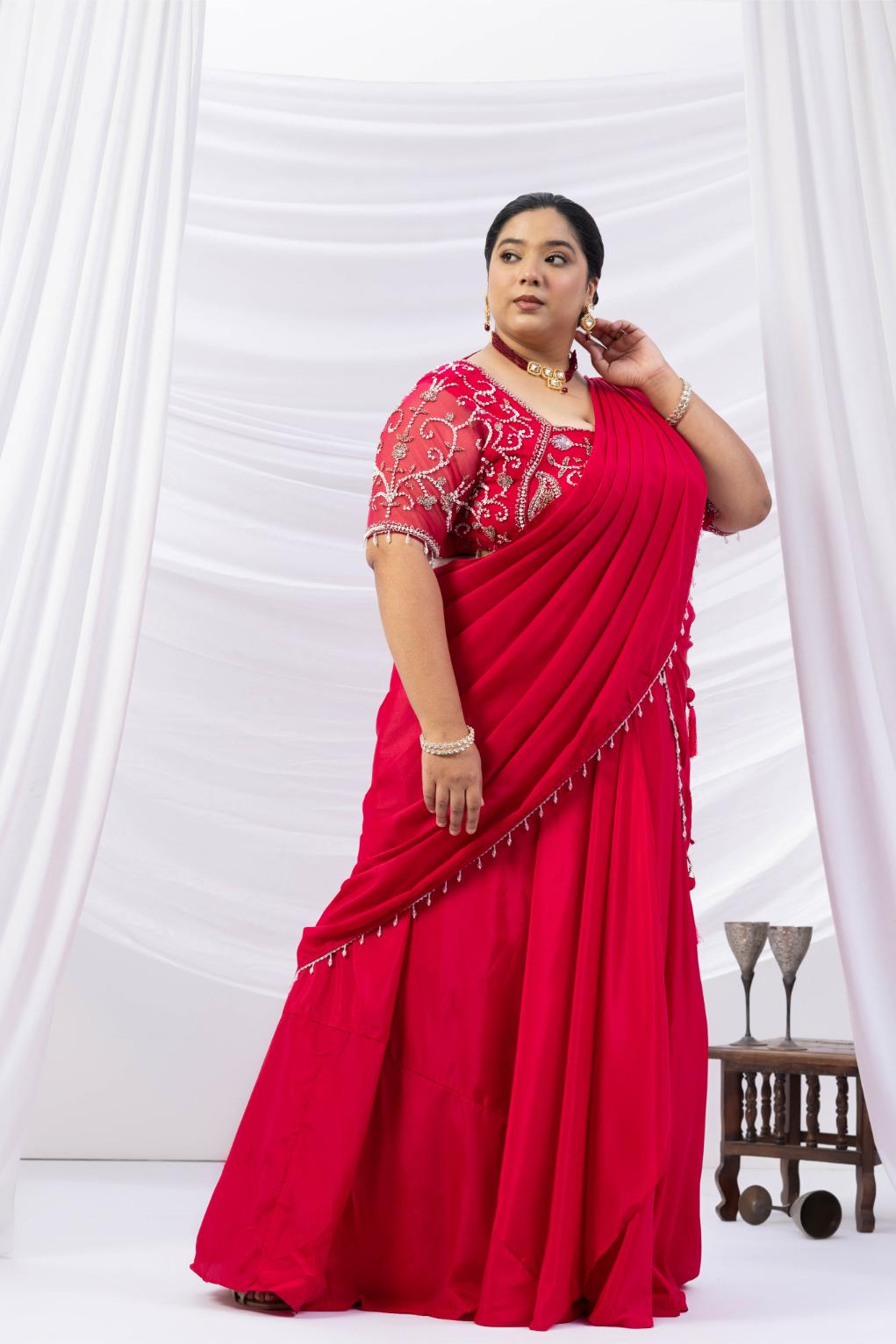Magenta Pink Moti Work Pre-Drape Saree