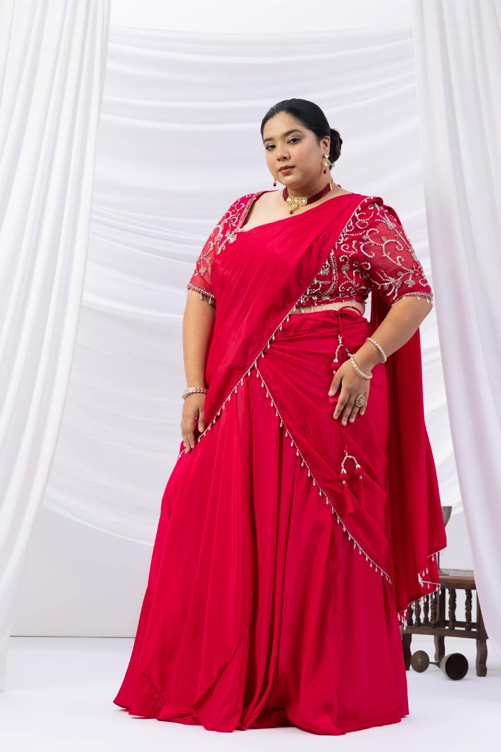 Magenta Pink Moti Work Pre-Drape Saree