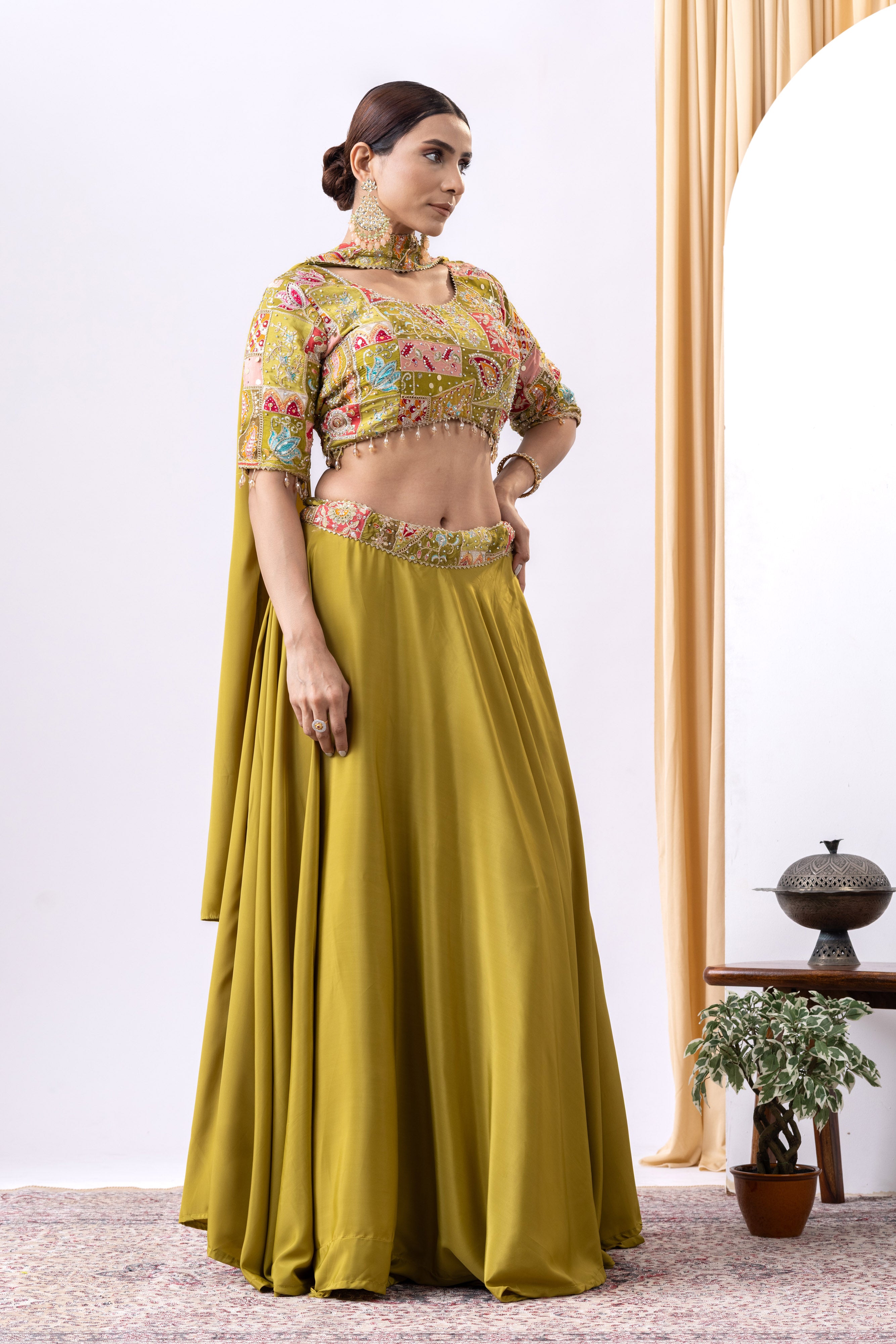 Mehandi Green Floral Embroidered Lehnga Set