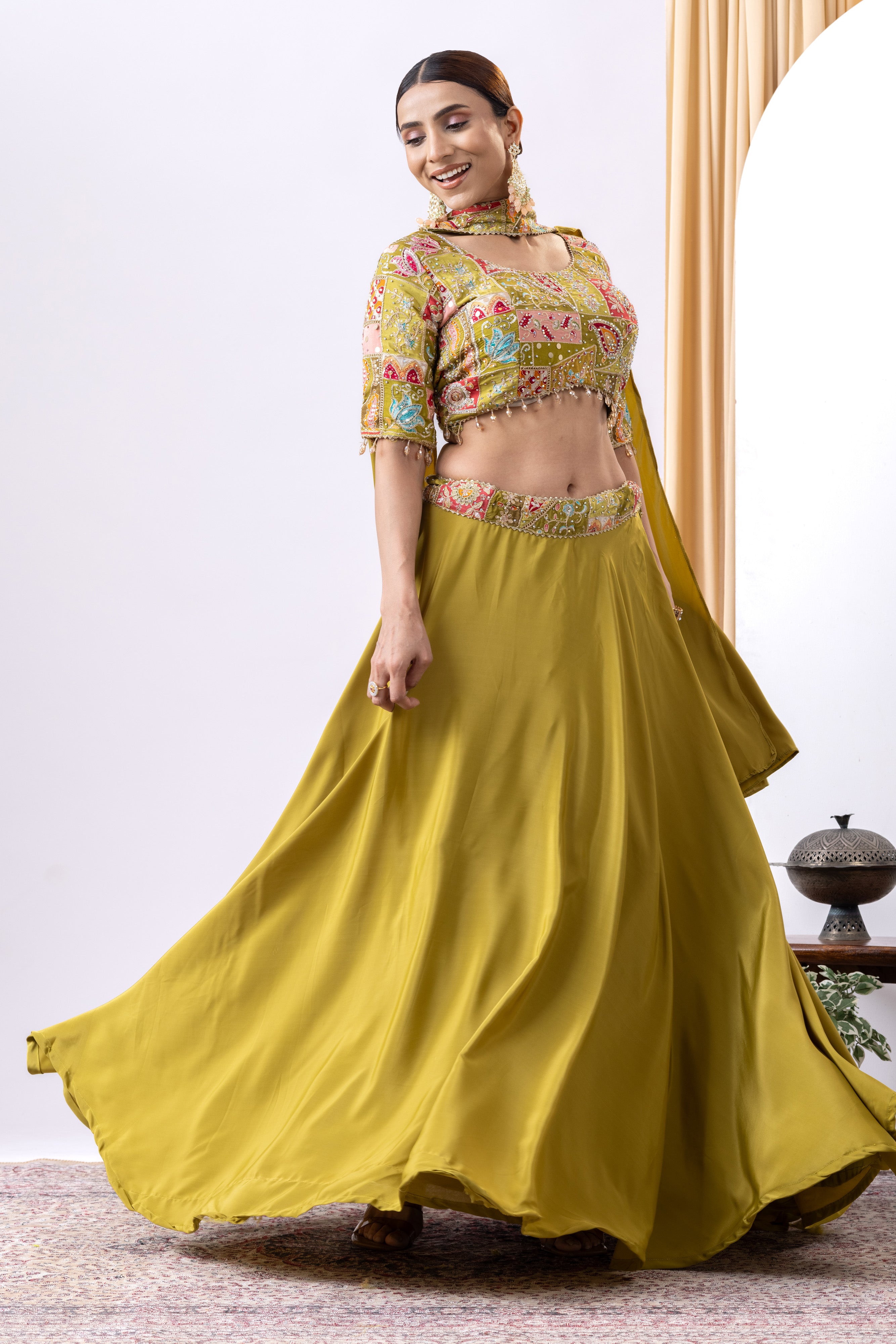 Mehandi Green Floral Embroidered Lehnga Set