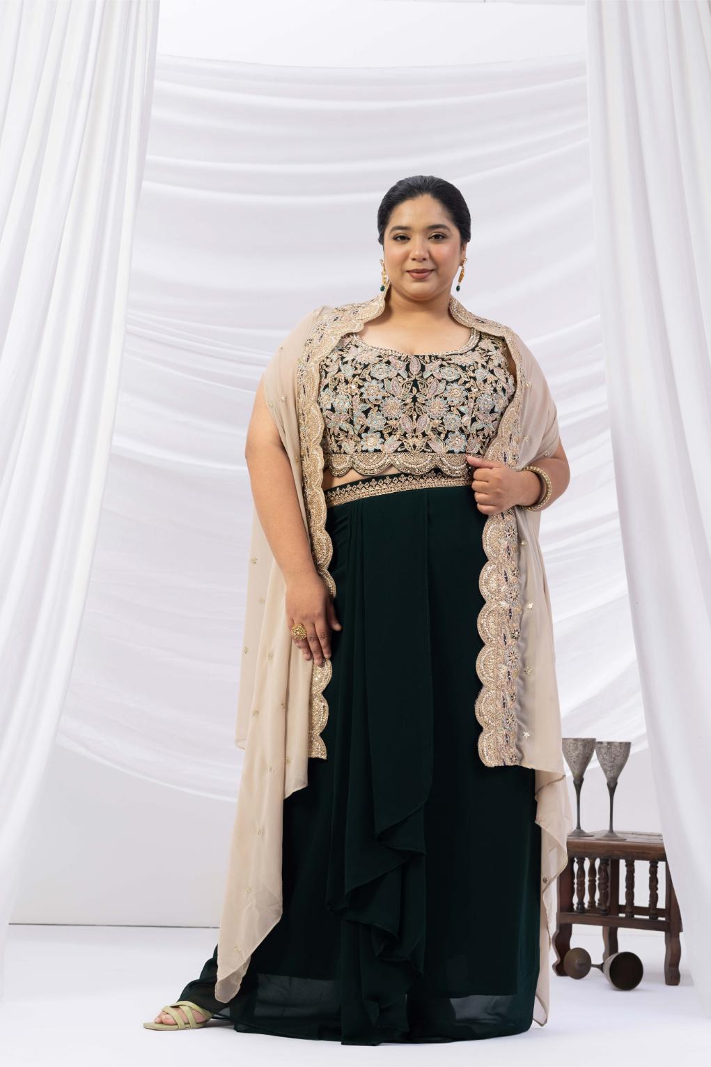 Bottle Green Embroidered Drape Skirt with Ivory Cape set