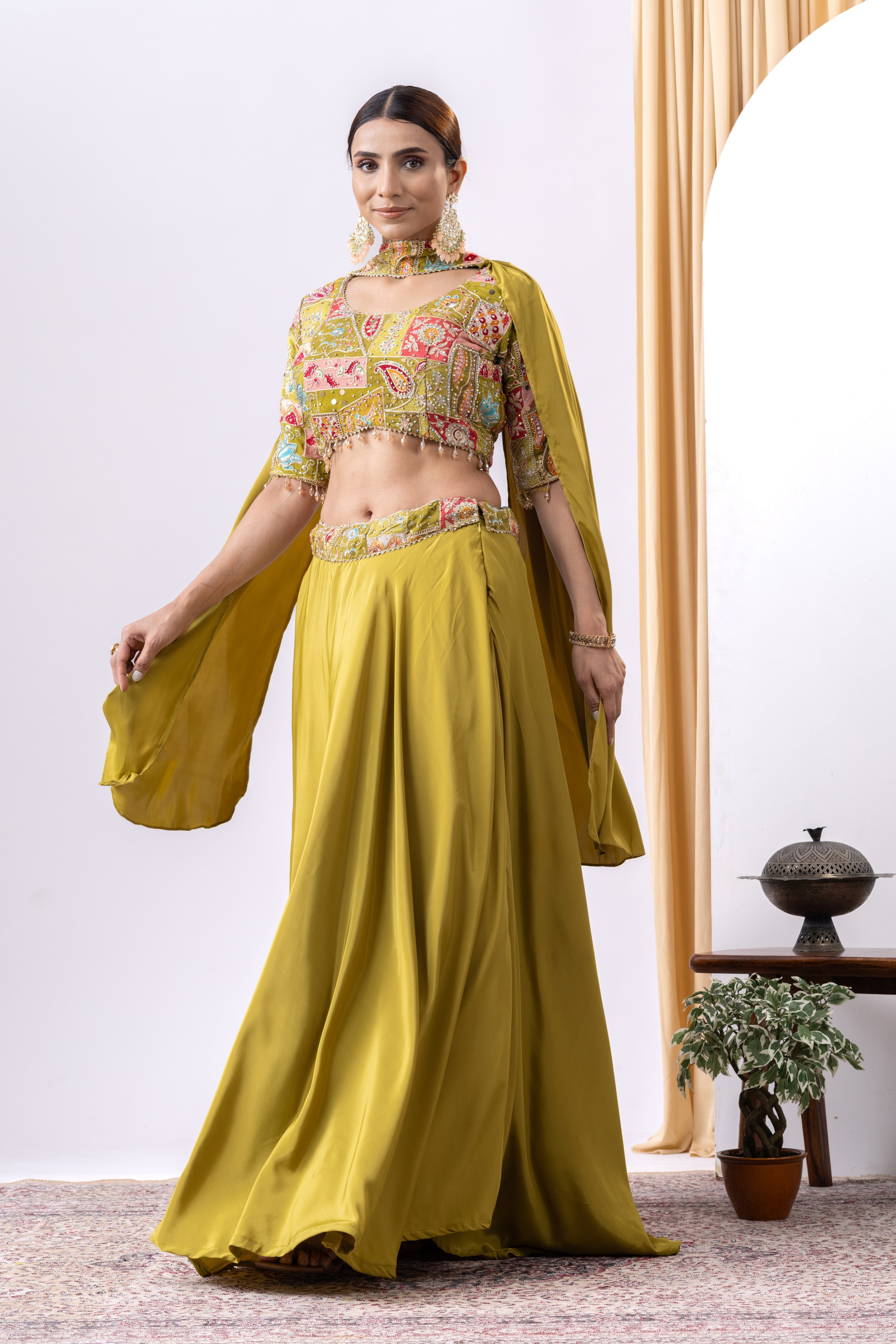 Mehandi Green Floral Embroidered Lehnga Set