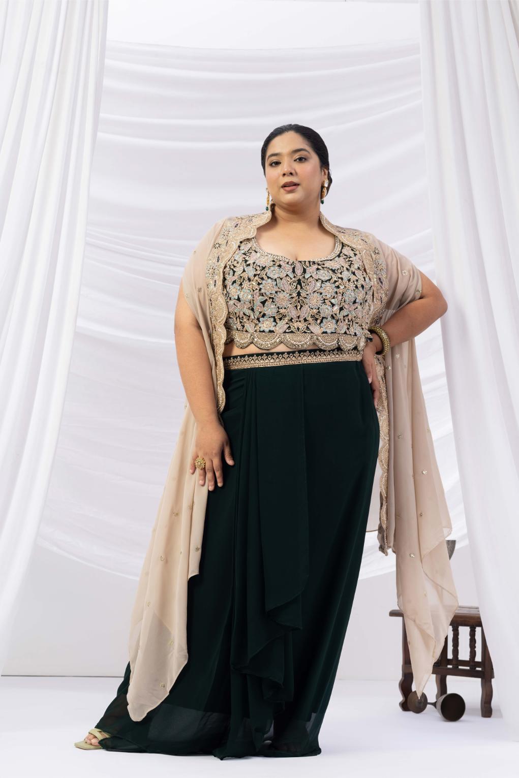 Bottle Green Embroidered Drape Skirt with Ivory Cape set