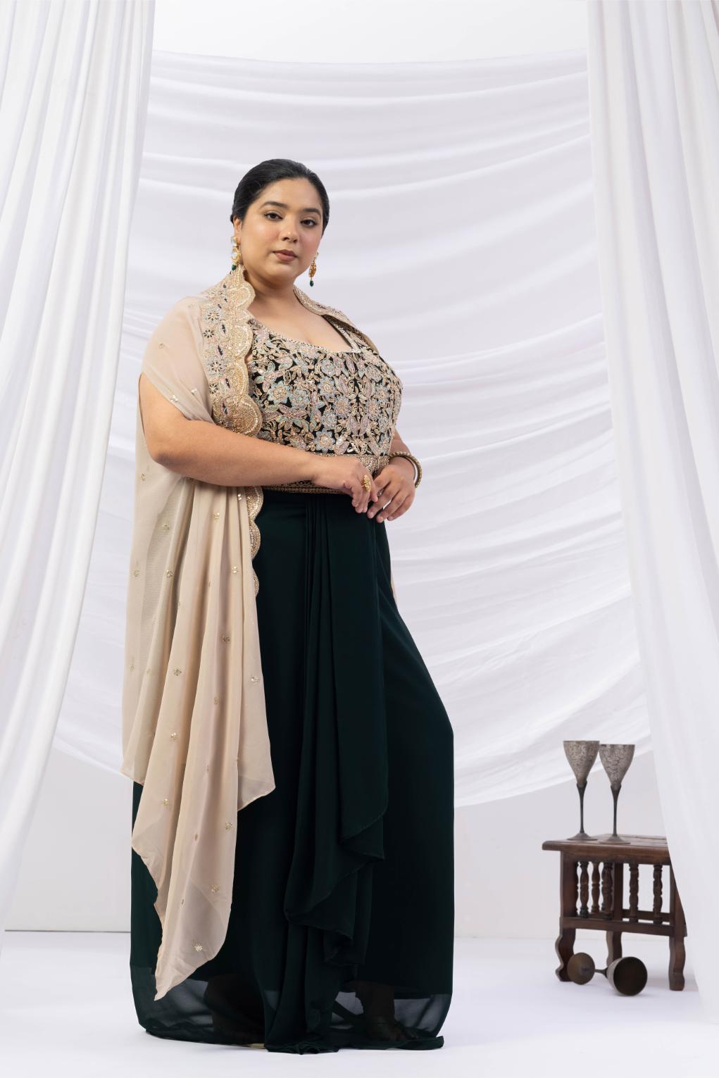 Bottle Green Embroidered Drape Skirt with Ivory Cape set