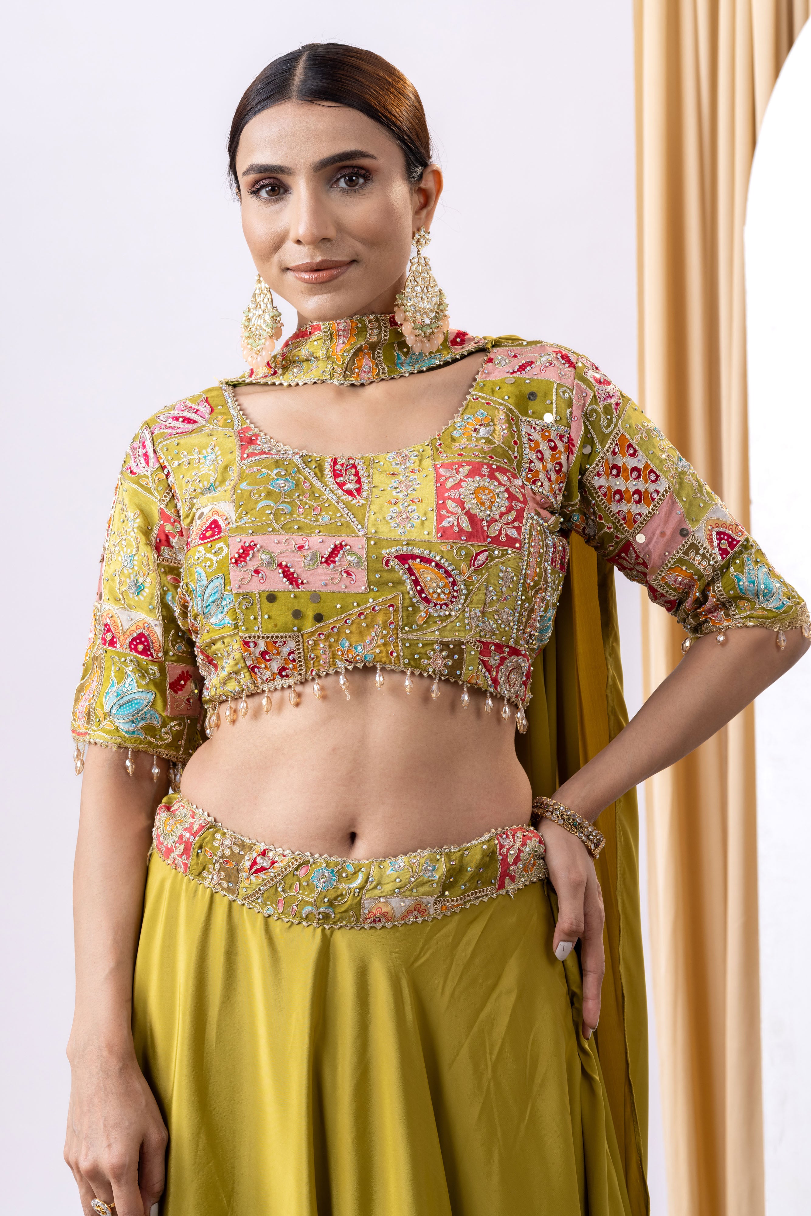 Mehandi Green Floral Embroidered Lehnga Set