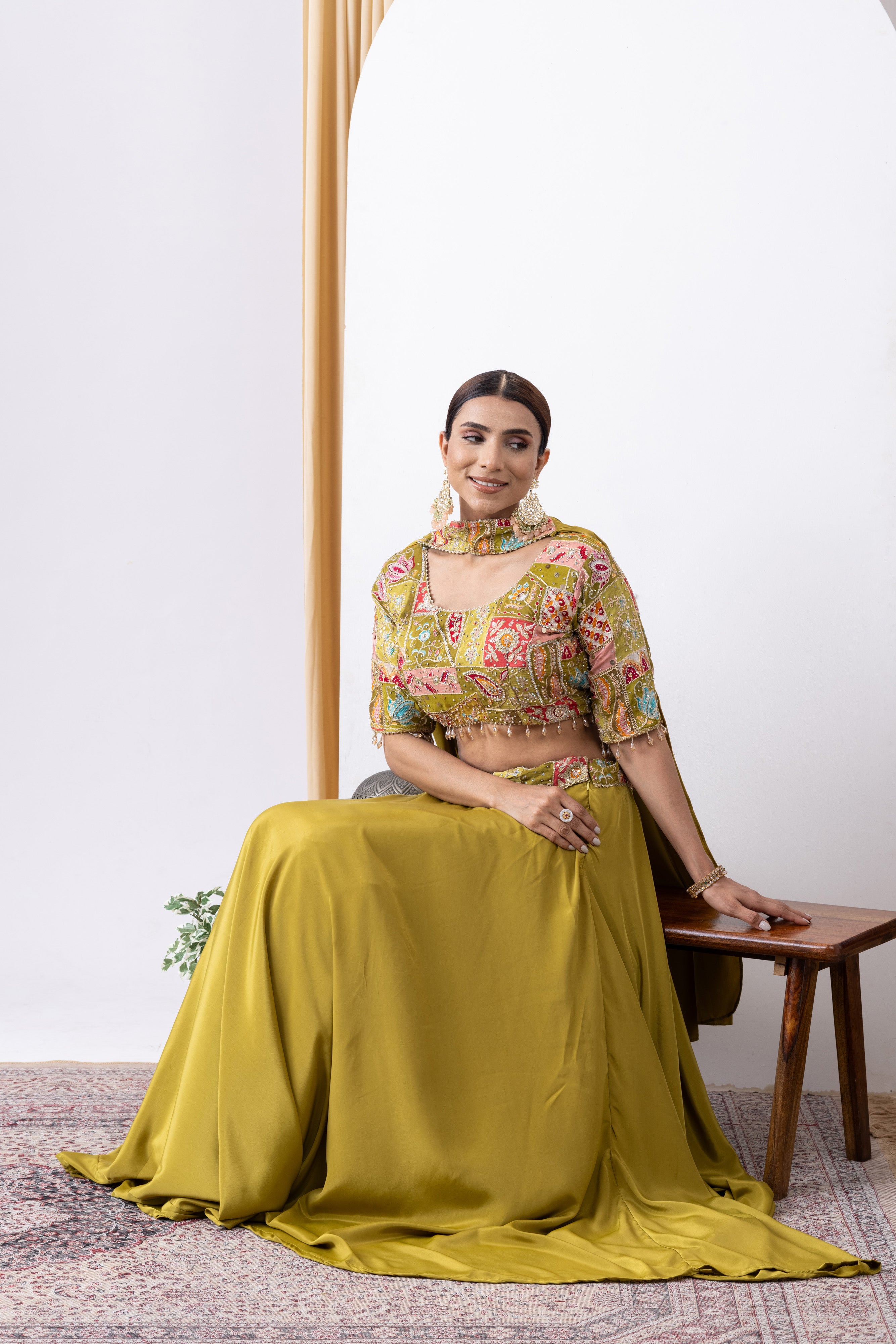 Mehandi Green Floral Embroidered Lehnga Set