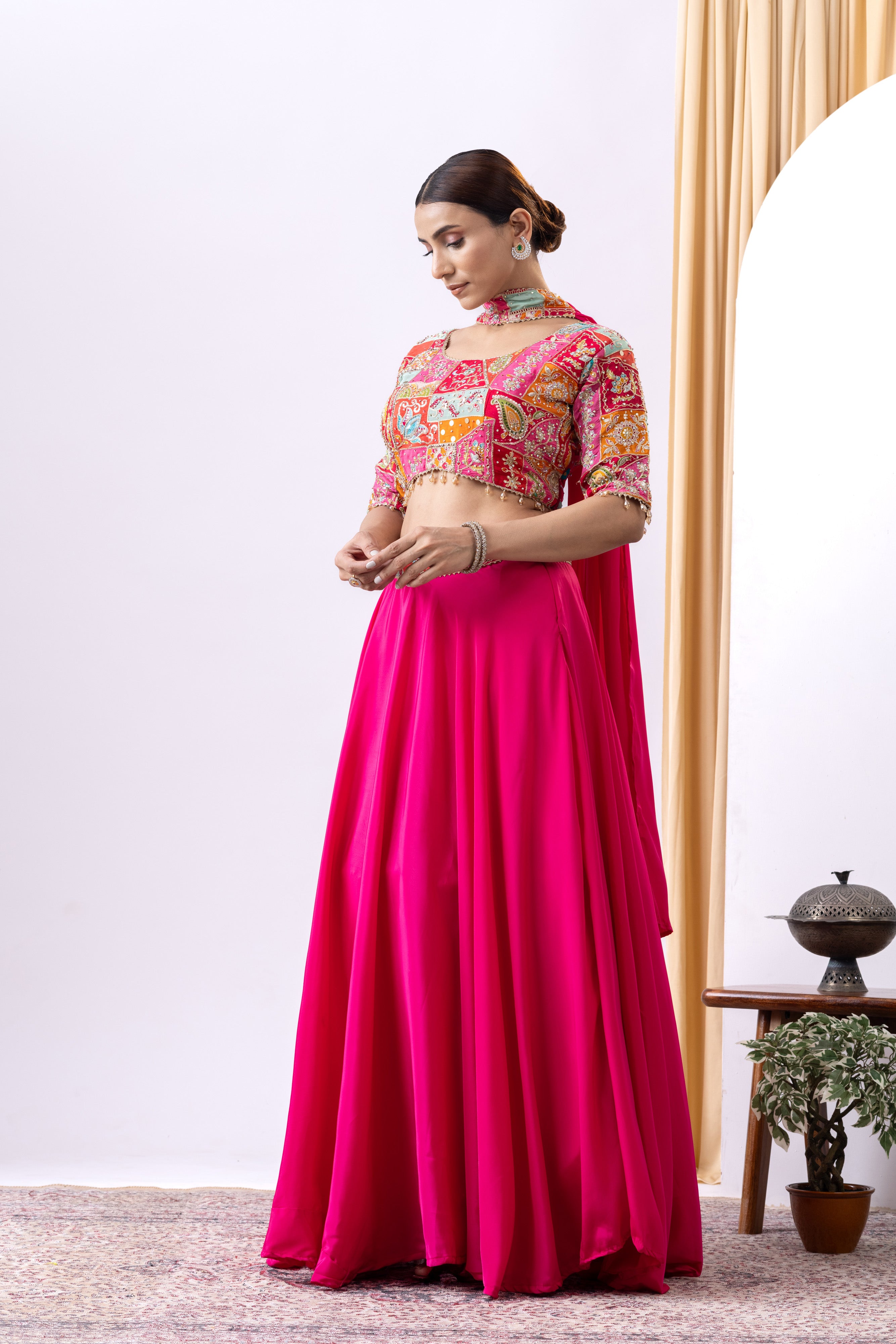 Magenta Pink Floral Embroidered Lehnga Set