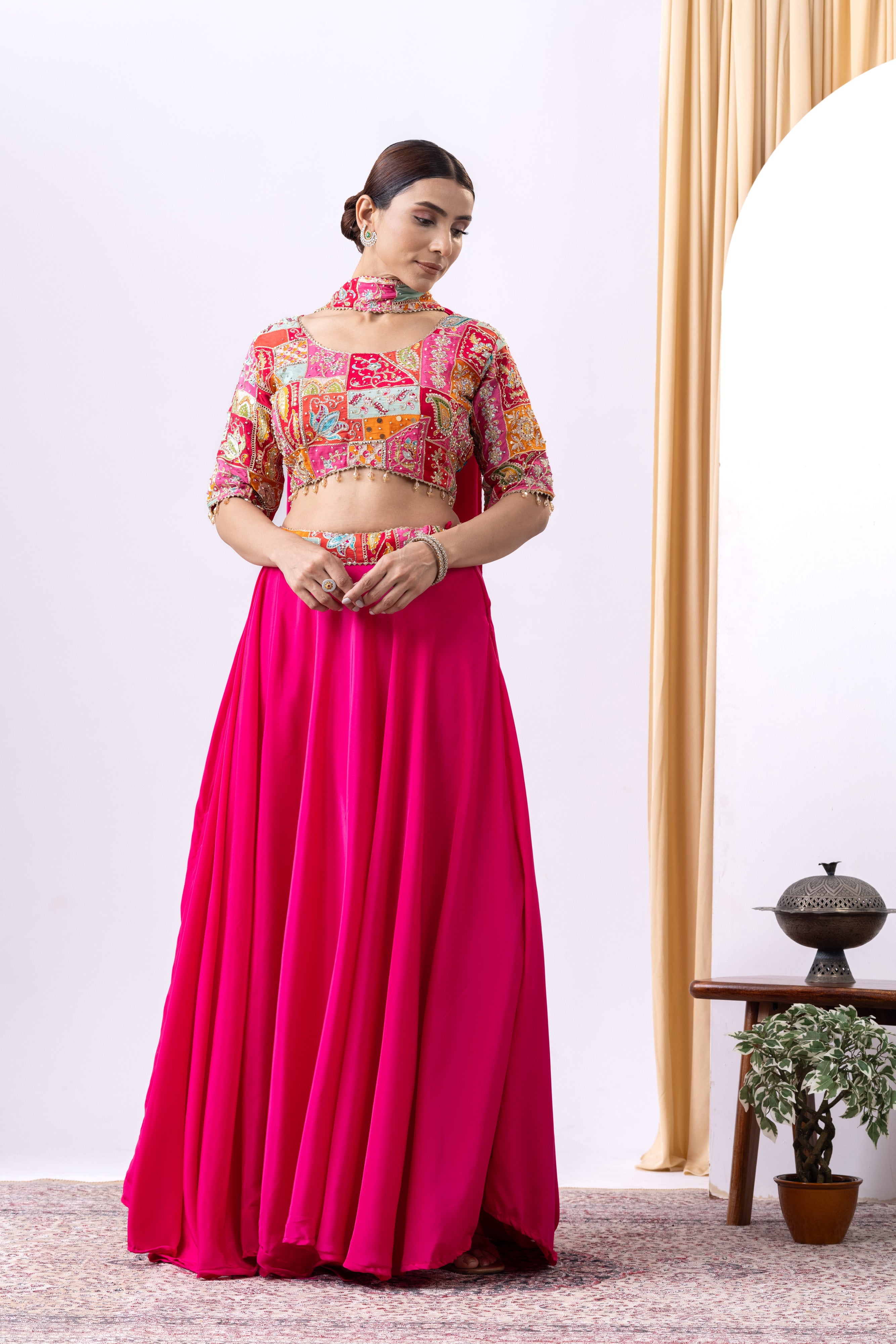 Magenta Pink Floral Embroidered Lehnga Set