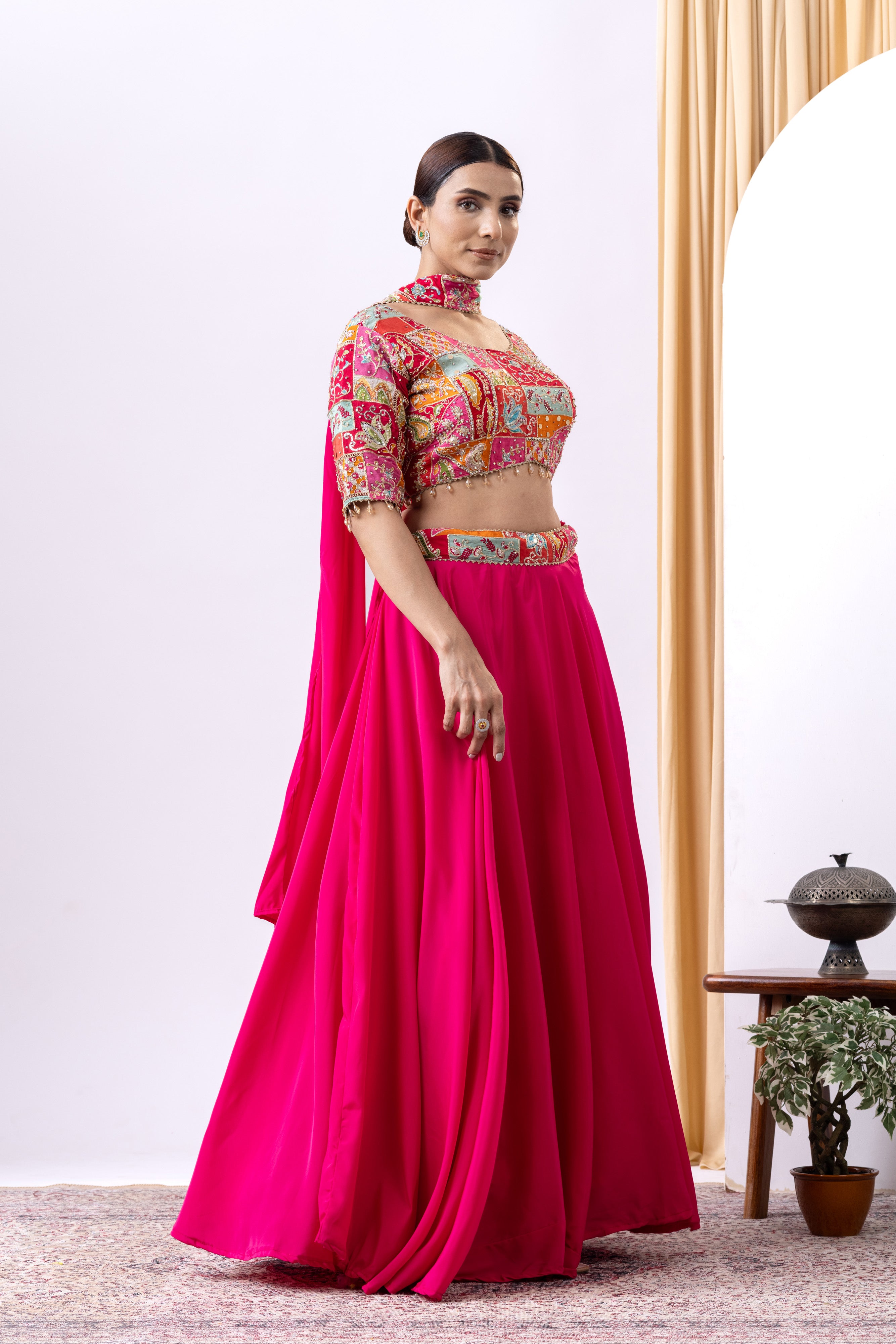 Magenta Pink Floral Embroidered Lehnga Set