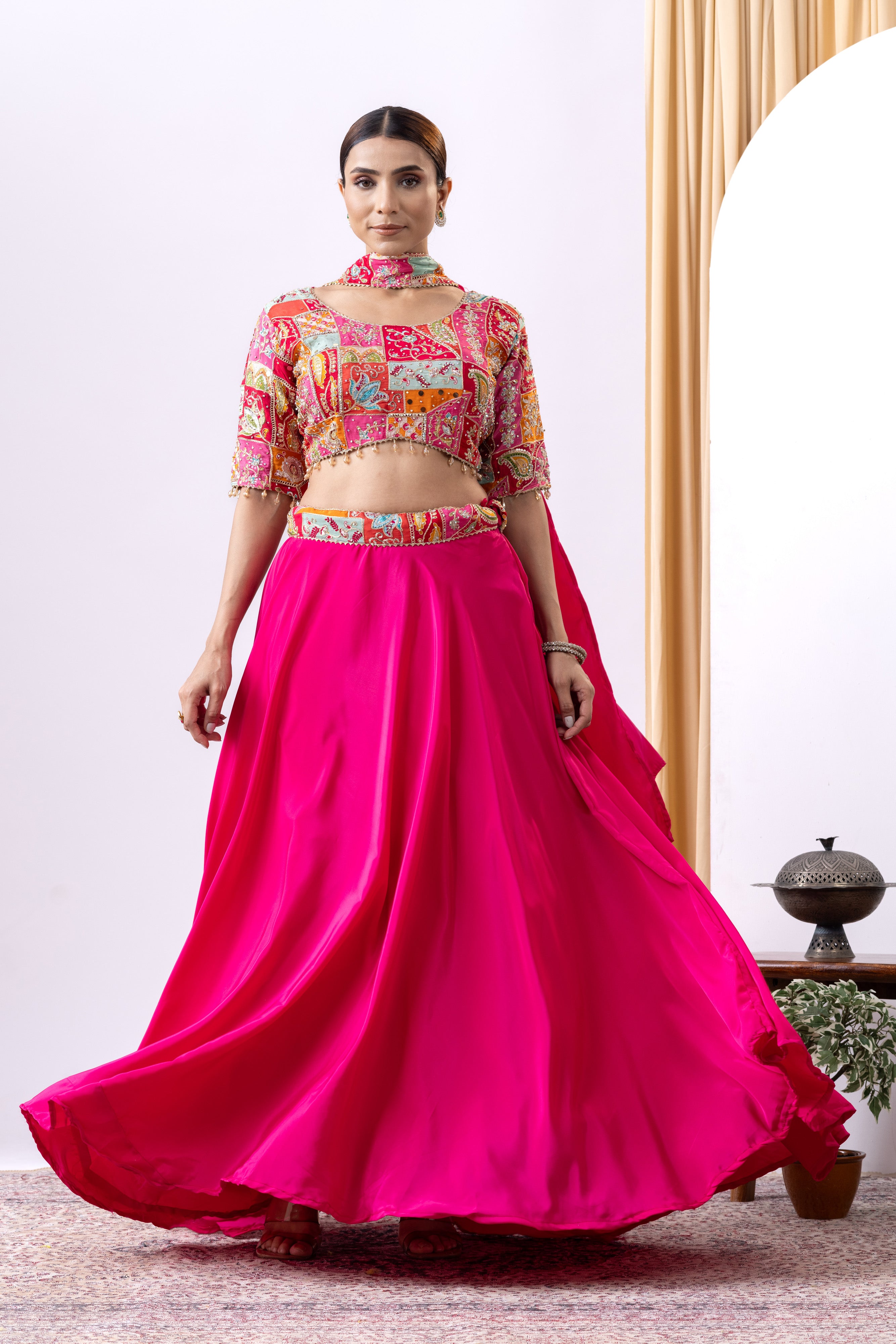 Magenta Pink Floral Embroidered Lehnga Set