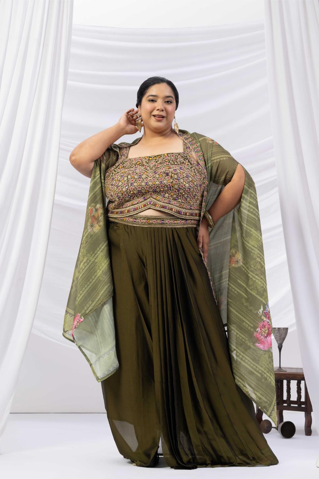 Deep Olive Green Skirt Cape set