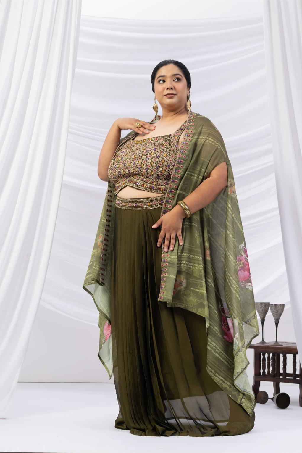 Deep Olive Green Skirt Cape set